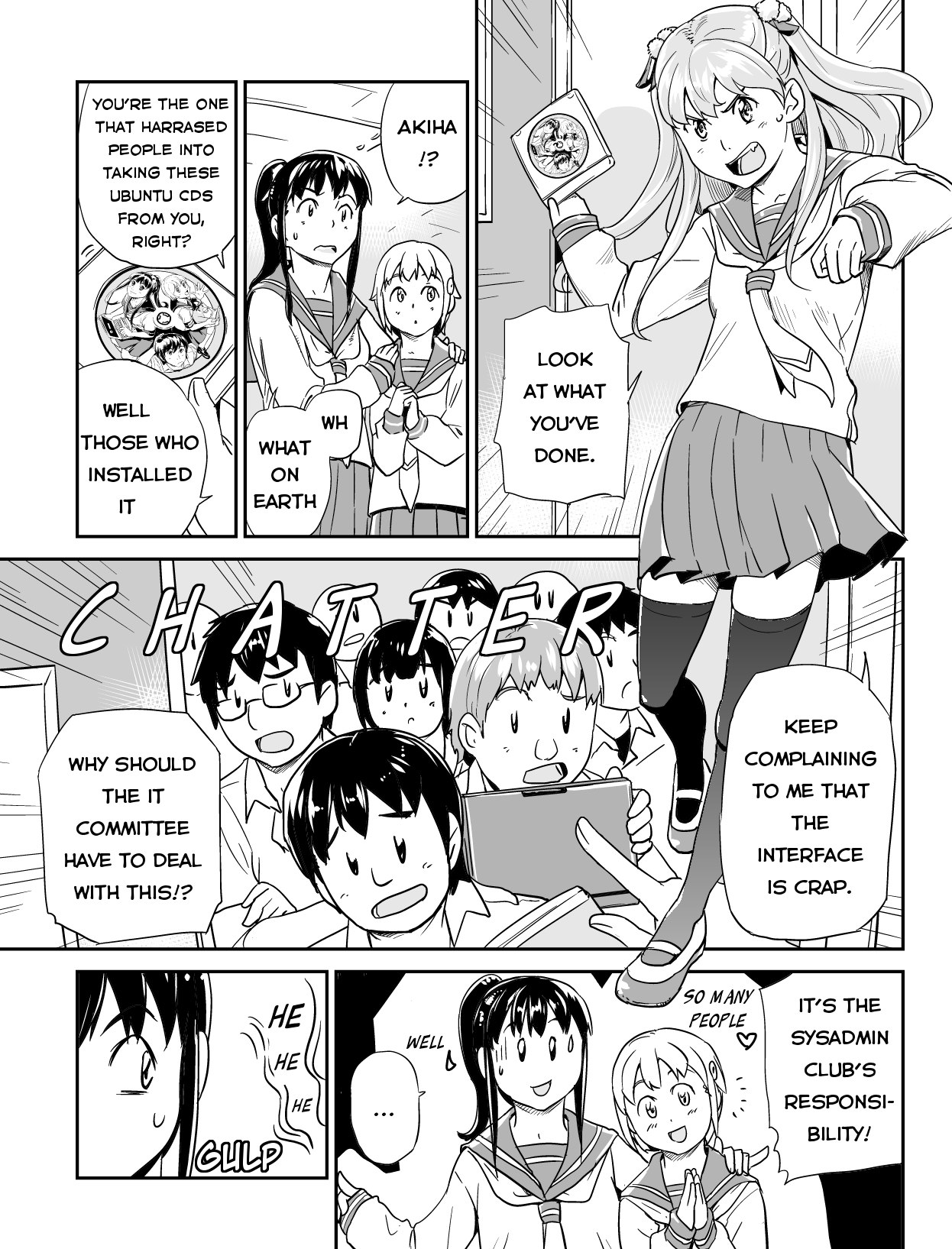 Ubunchu! chapter 10, page 5. Hiroshi Seo (Seotch), published by ASCII Media Works in Ubuntu Magazine Japan. License — original CC BY-NC 3.0 (https://creativecommons.org/licenses/by-nc/3.0/); English translation by Tarek Saier (https://sirtetris.gitlab.io/ubunchu-translation/), CC BY-NC 4.0.