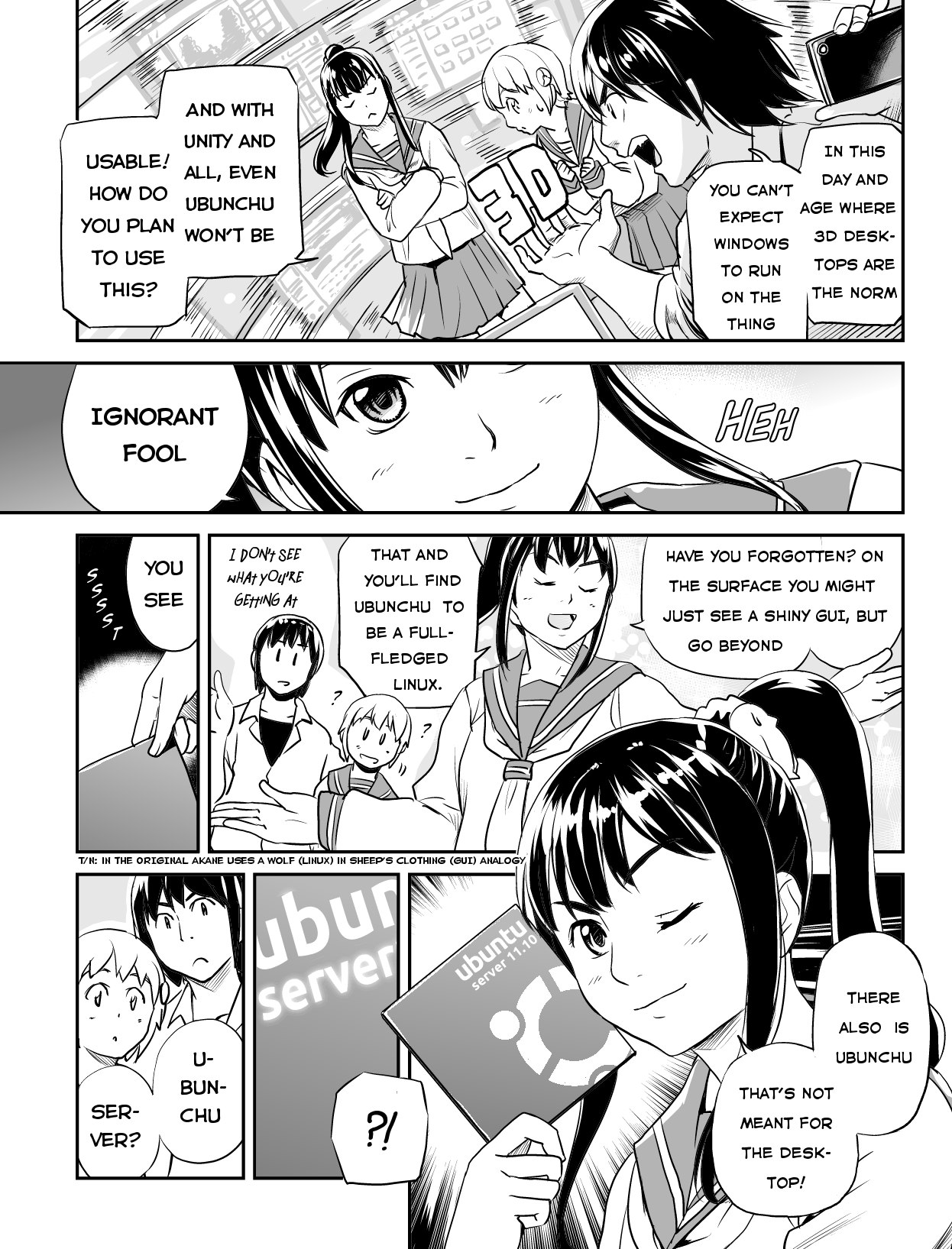 Ubunchu! chapter 11, page 3. Hiroshi Seo (Seotch), published by ASCII Media Works in Ubuntu Magazine Japan. License — original CC BY-NC 3.0 (https://creativecommons.org/licenses/by-nc/3.0/); English translation by Tarek Saier (https://sirtetris.gitlab.io/ubunchu-translation/), CC BY-NC 4.0.