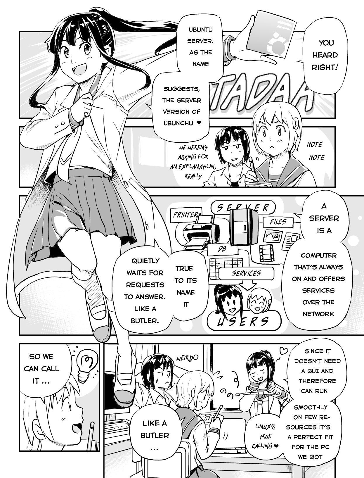 Ubunchu! chapter 11, page 4. Hiroshi Seo (Seotch), published by ASCII Media Works in Ubuntu Magazine Japan. License — original CC BY-NC 3.0 (https://creativecommons.org/licenses/by-nc/3.0/); English translation by Tarek Saier (https://sirtetris.gitlab.io/ubunchu-translation/), CC BY-NC 4.0.