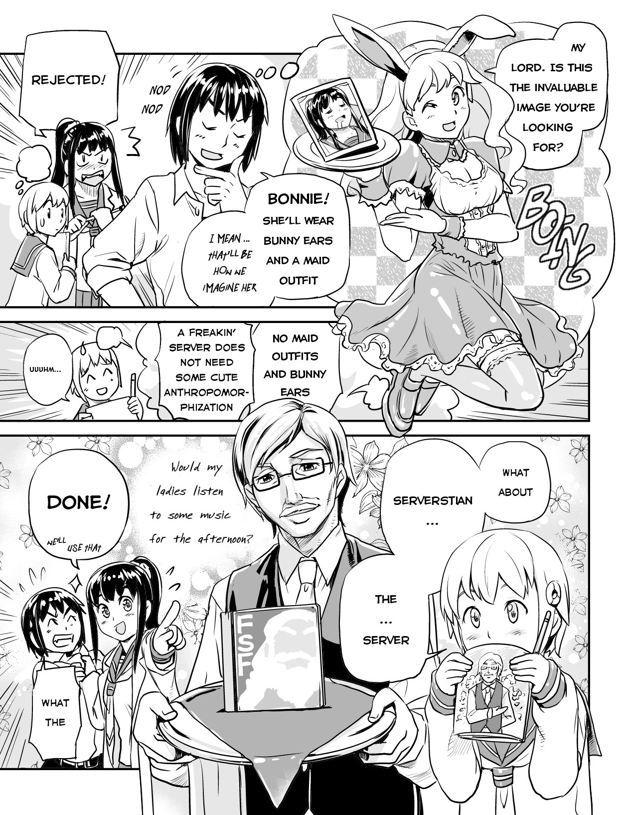 Ubunchu! chapter 11, page 5. Hiroshi Seo (Seotch), published by ASCII Media Works in Ubuntu Magazine Japan. License — original CC BY-NC 3.0 (https://creativecommons.org/licenses/by-nc/3.0/); English translation by Tarek Saier (https://sirtetris.gitlab.io/ubunchu-translation/), CC BY-NC 4.0.
