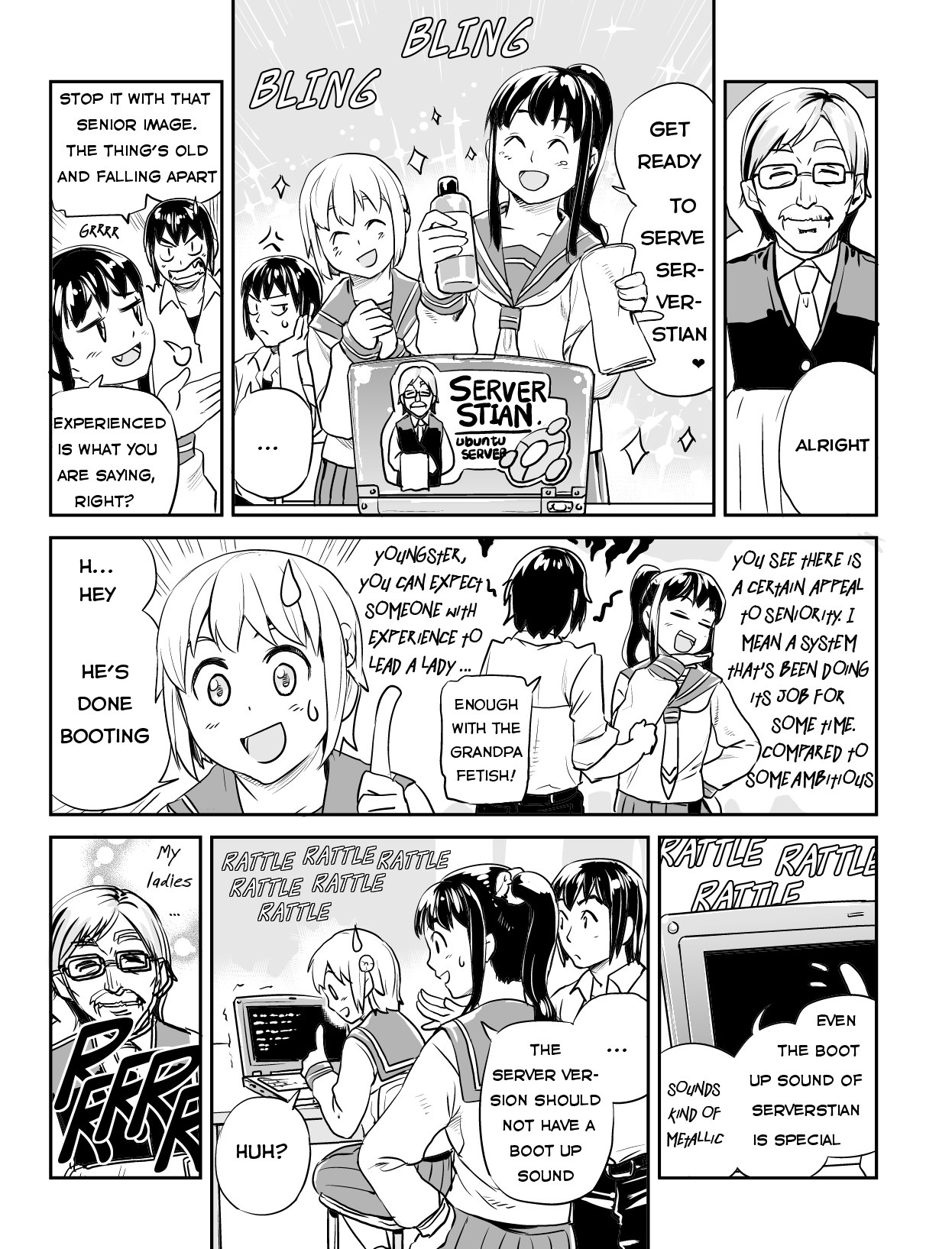 Ubunchu! chapter 11, page 6. Hiroshi Seo (Seotch), published by ASCII Media Works in Ubuntu Magazine Japan. License — original CC BY-NC 3.0 (https://creativecommons.org/licenses/by-nc/3.0/); English translation by Tarek Saier (https://sirtetris.gitlab.io/ubunchu-translation/), CC BY-NC 4.0.