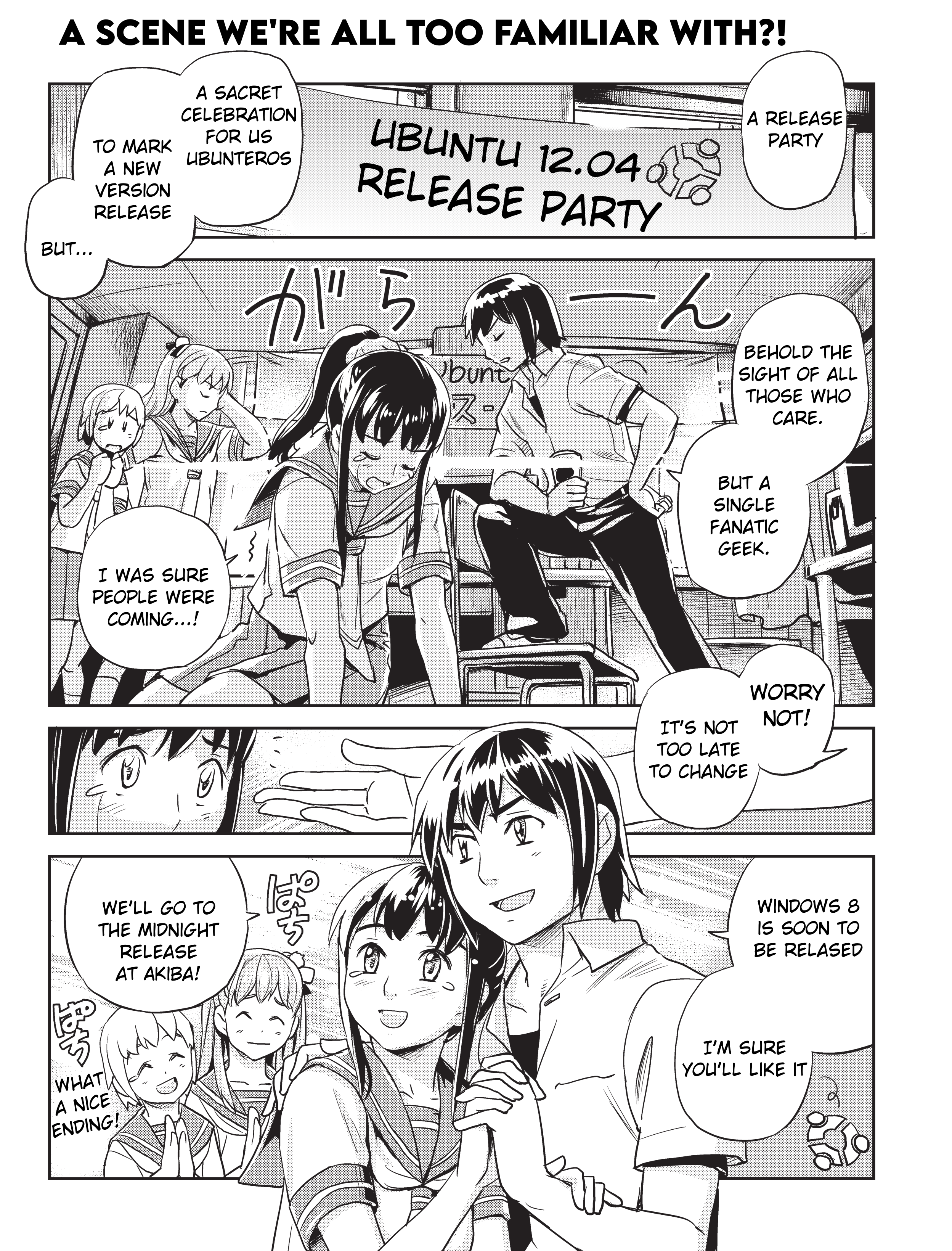 Ubunchu! chapter 12, page 2. Hiroshi Seo (Seotch), published by ASCII Media Works in Ubuntu Magazine Japan. License — original CC BY-NC-SA 2.1 JP (https://creativecommons.org/licenses/by-nc-sa/2.1/jp/); English translation by Tarek Saier, cleaning & typesetting by PublicDesert (https://github.com/publicdesert/ubunchu_english), CC BY-NC-SA 4.0.