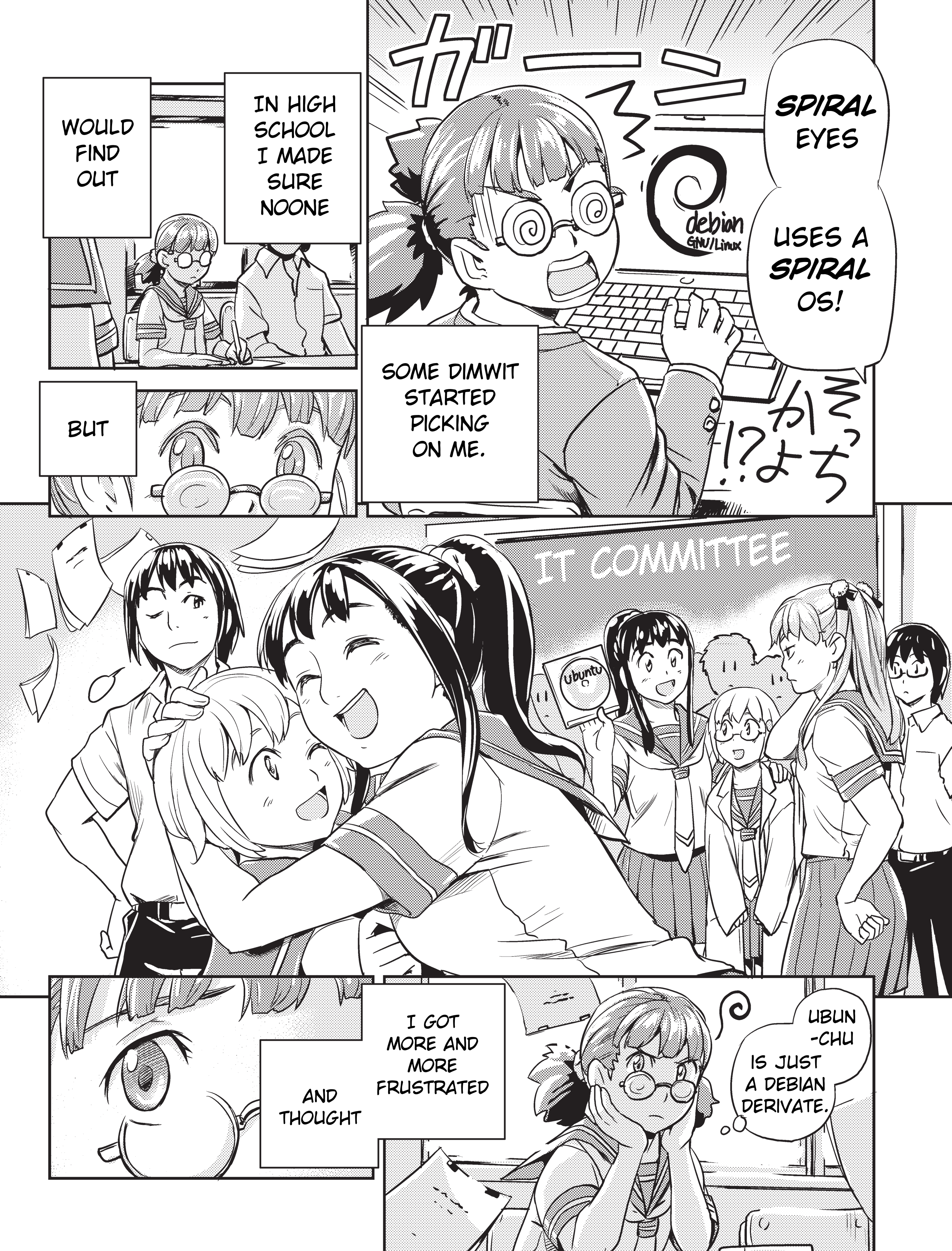 Ubunchu! chapter 12, page 14. Hiroshi Seo (Seotch), published by ASCII Media Works in Ubuntu Magazine Japan. License — original CC BY-NC-SA 2.1 JP (https://creativecommons.org/licenses/by-nc-sa/2.1/jp/); English translation by Tarek Saier, cleaning & typesetting by PublicDesert (https://github.com/publicdesert/ubunchu_english), CC BY-NC-SA 4.0.