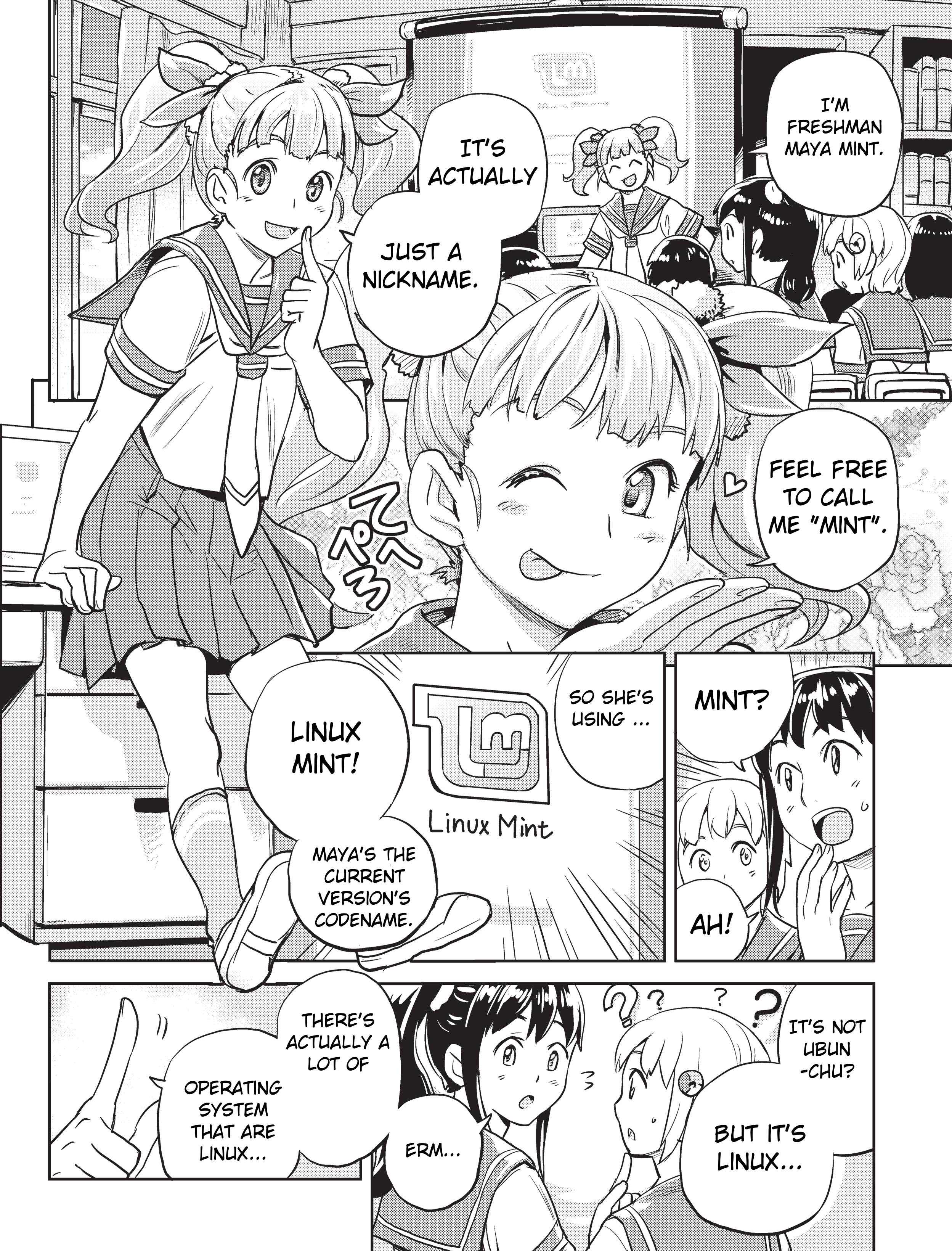 Ubunchu! chapter 12, page 6. Hiroshi Seo (Seotch), published by ASCII Media Works in Ubuntu Magazine Japan. License — original CC BY-NC-SA 2.1 JP (https://creativecommons.org/licenses/by-nc-sa/2.1/jp/); English translation by Tarek Saier, cleaning & typesetting by PublicDesert (https://github.com/publicdesert/ubunchu_english), CC BY-NC-SA 4.0.