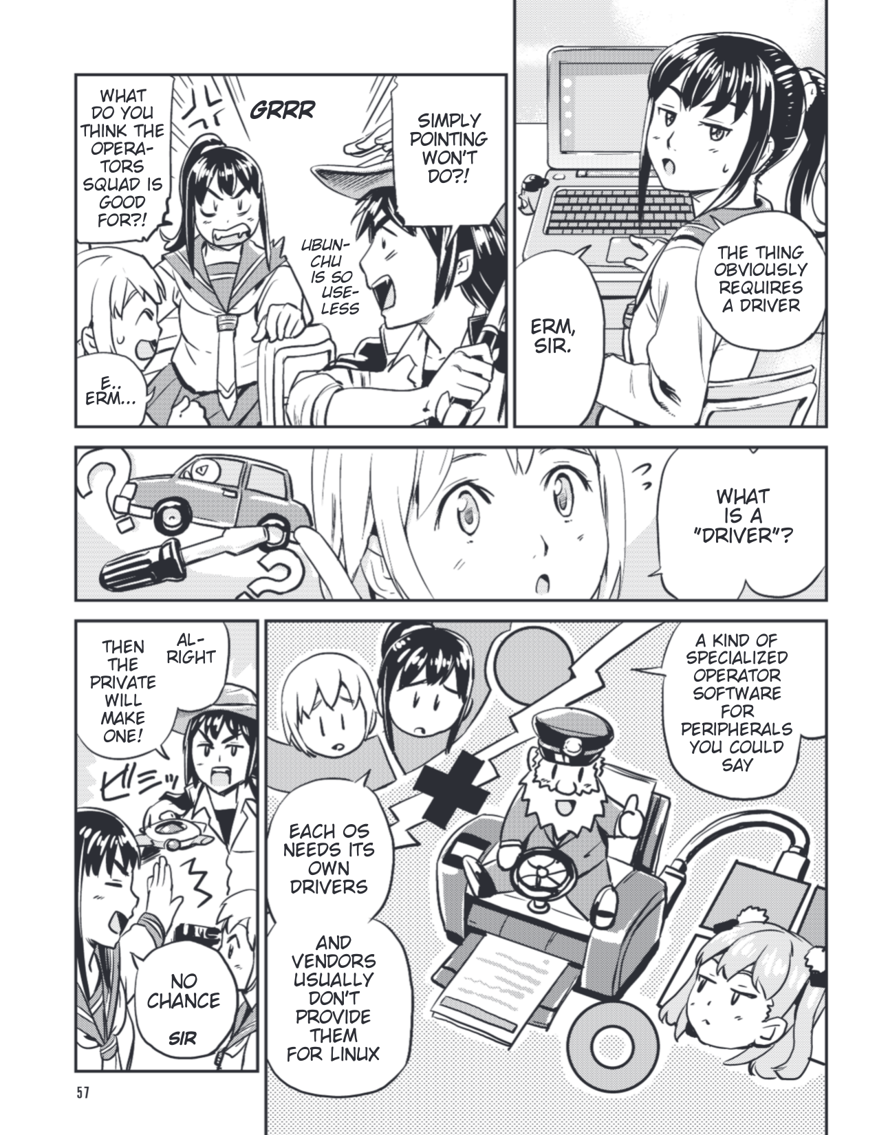 Ubunchu! chapter 14, page 7. Hiroshi Seo (Seotch), published by ASCII Media Works in Ubuntu Magazine Japan. License — original CC BY-NC-SA (as stated in the release); English translation by Tarek Saier and Yukinu, cleaning & typesetting by Yukinu (https://codeberg.org/yukinu/ubunchu), CC BY-NC-SA.