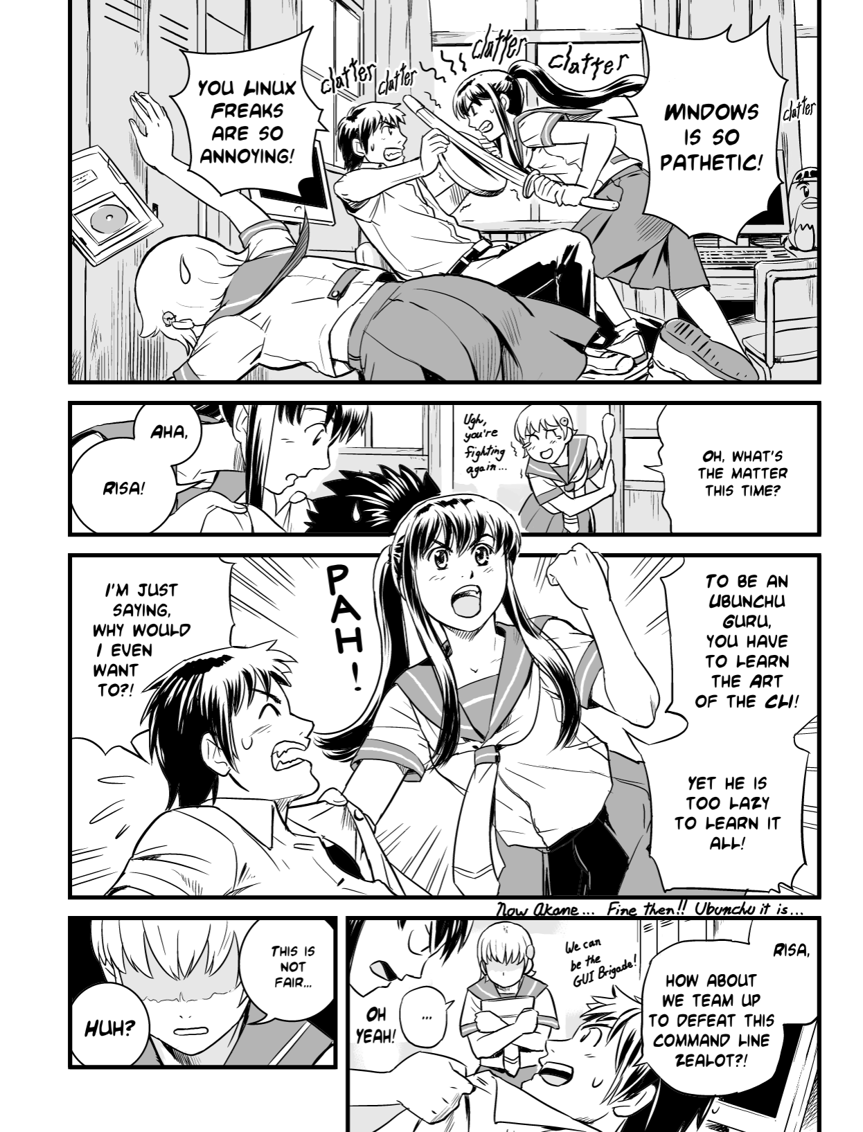 Ubunchu! chapter 2, page 4. Hiroshi Seo (Seotch), published by ASCII Media Works in Ubuntu Magazine Japan. License — original CC BY-NC 3.0 (https://creativecommons.org/licenses/by-nc/3.0/); English translation by the Ubunchu translators group (https://gitlab.com/ubunchu-translators/ubunchu), CC BY-NC 3.0.