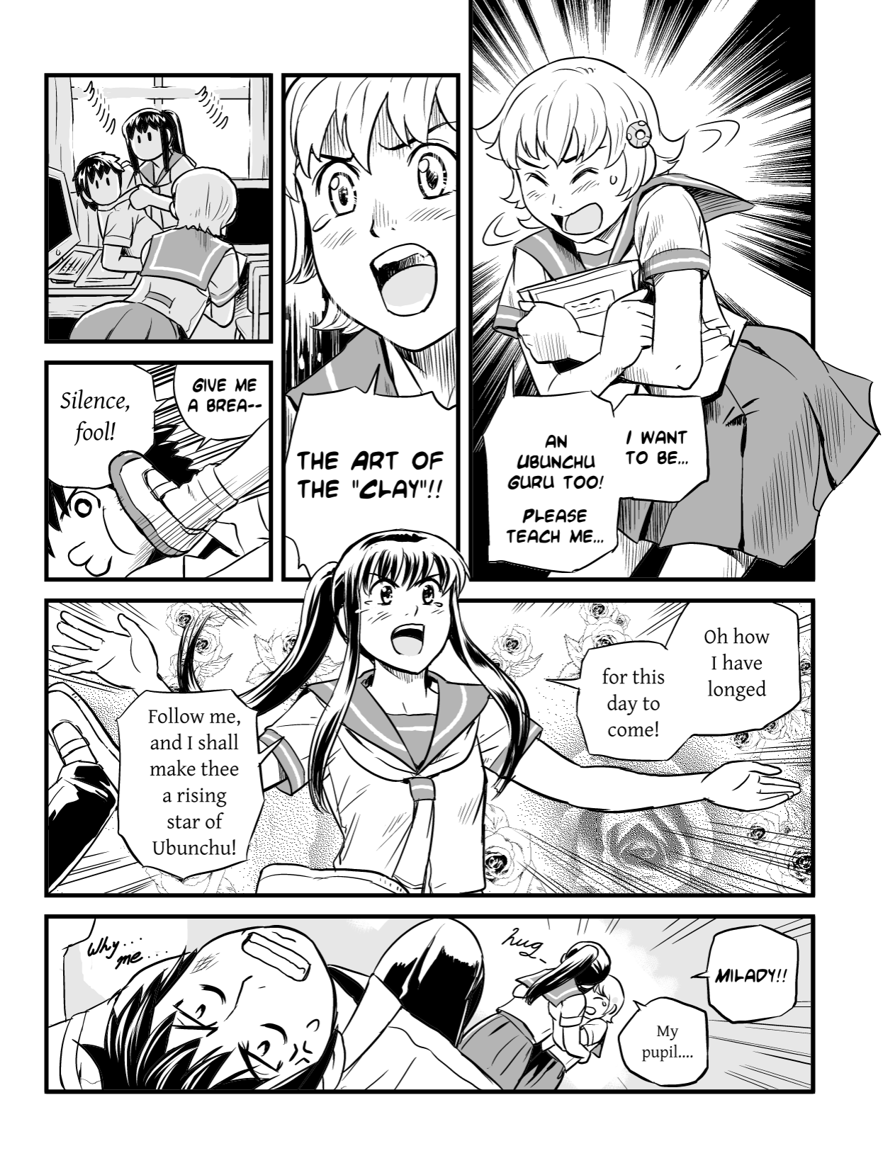 Ubunchu! chapter 2, page 5. Hiroshi Seo (Seotch), published by ASCII Media Works in Ubuntu Magazine Japan. License — original CC BY-NC 3.0 (https://creativecommons.org/licenses/by-nc/3.0/); English translation by the Ubunchu translators group (https://gitlab.com/ubunchu-translators/ubunchu), CC BY-NC 3.0.