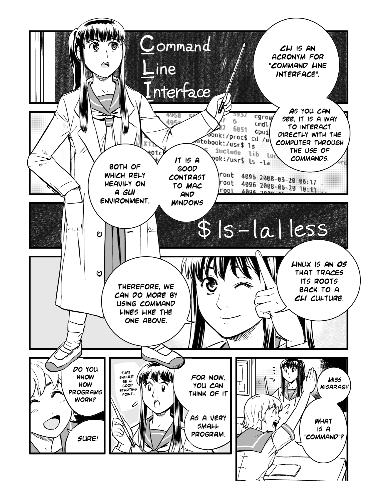 Ubunchu! chapter 2, page 6. Hiroshi Seo (Seotch), published by ASCII Media Works in Ubuntu Magazine Japan. License — original CC BY-NC 3.0 (https://creativecommons.org/licenses/by-nc/3.0/); English translation by the Ubunchu translators group (https://gitlab.com/ubunchu-translators/ubunchu), CC BY-NC 3.0.