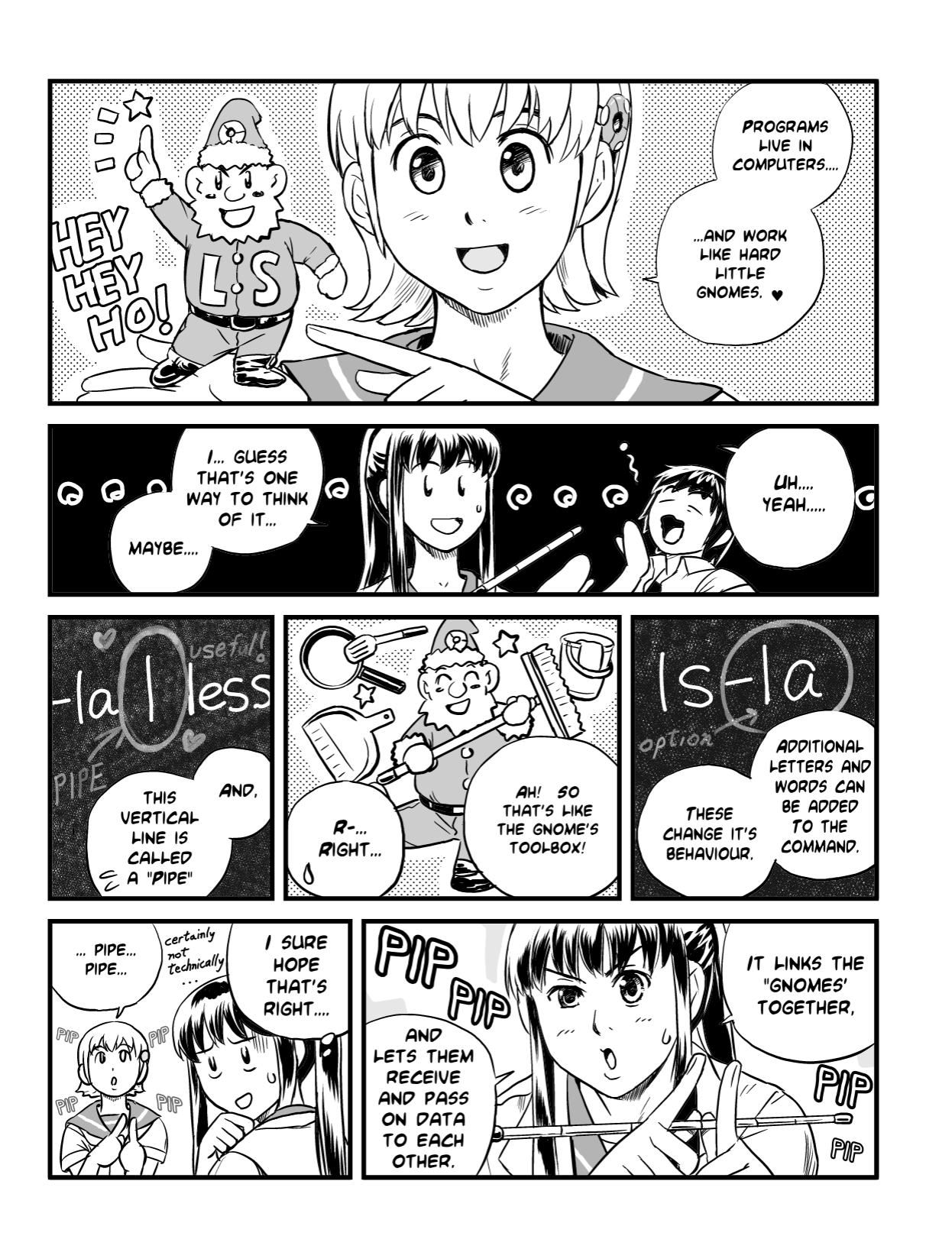 Ubunchu! chapter 2, page 7. Hiroshi Seo (Seotch), published by ASCII Media Works in Ubuntu Magazine Japan. License — original CC BY-NC 3.0 (https://creativecommons.org/licenses/by-nc/3.0/); English translation by the Ubunchu translators group (https://gitlab.com/ubunchu-translators/ubunchu), CC BY-NC 3.0.