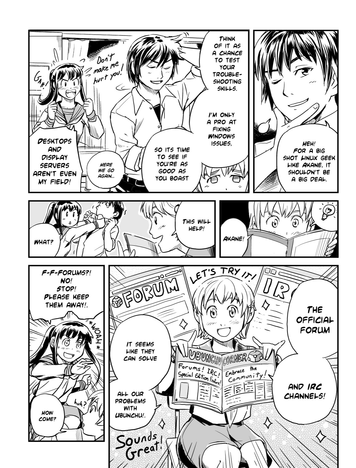 Ubunchu! chapter 3, page 4. Hiroshi Seo (Seotch), published by ASCII Media Works in Ubuntu Magazine Japan. License — original CC BY-NC 3.0 (https://creativecommons.org/licenses/by-nc/3.0/); English translation by the Ubunchu translators group (https://gitlab.com/ubunchu-translators/ubunchu), CC BY-NC 3.0.