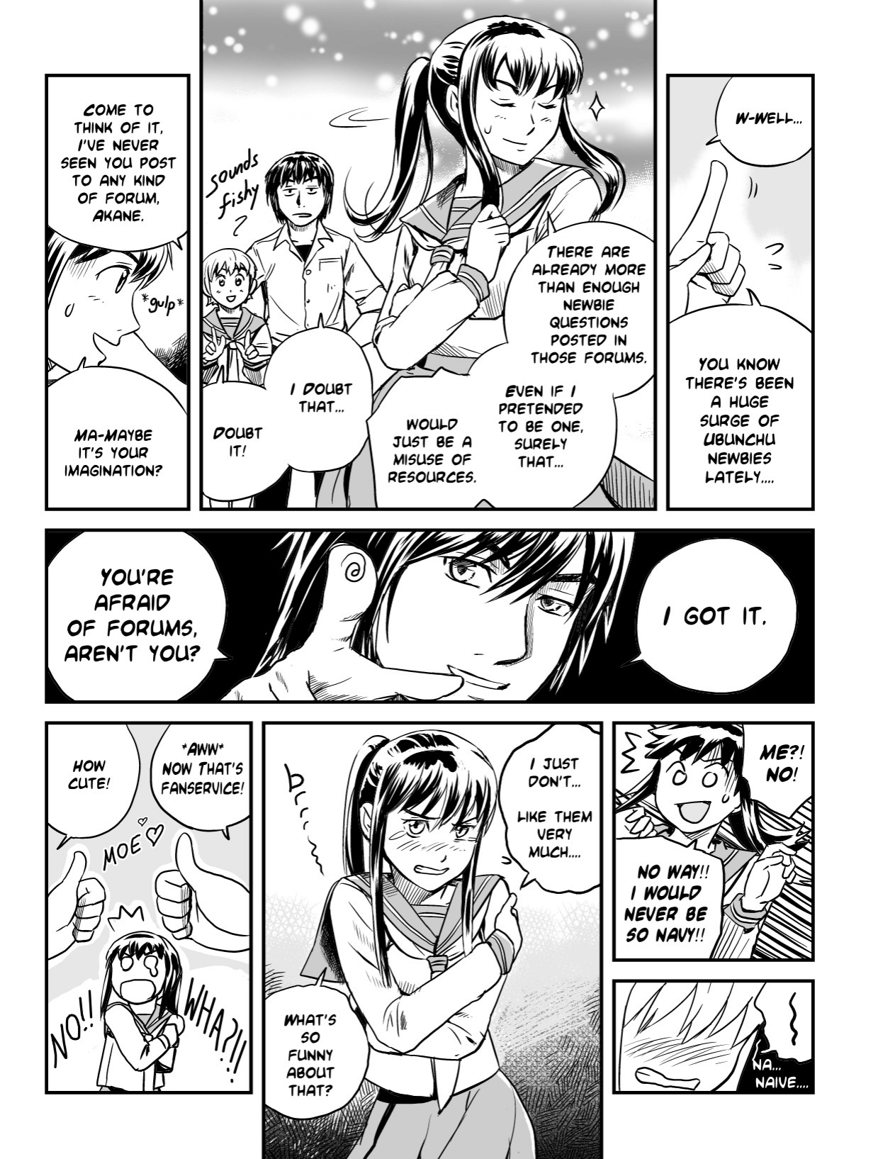 Ubunchu! chapter 3, page 5. Hiroshi Seo (Seotch), published by ASCII Media Works in Ubuntu Magazine Japan. License — original CC BY-NC 3.0 (https://creativecommons.org/licenses/by-nc/3.0/); English translation by the Ubunchu translators group (https://gitlab.com/ubunchu-translators/ubunchu), CC BY-NC 3.0.