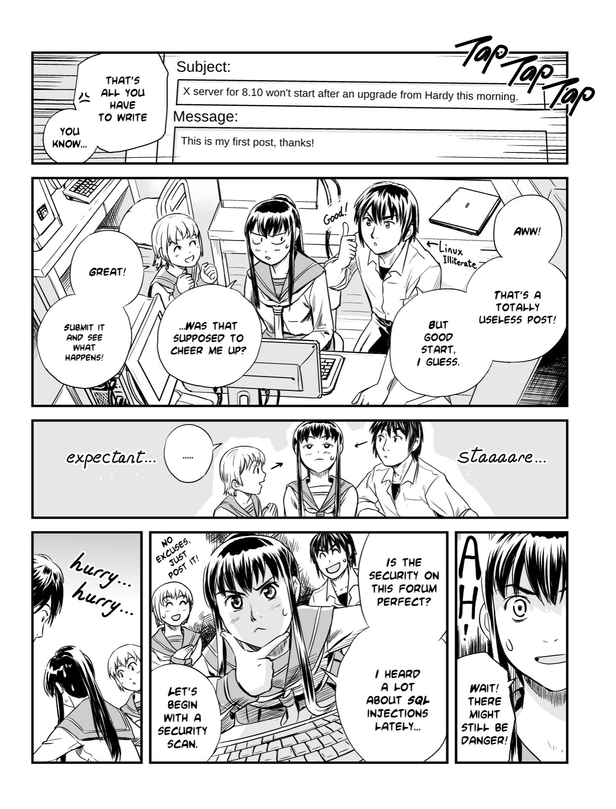Ubunchu! chapter 3, page 7. Hiroshi Seo (Seotch), published by ASCII Media Works in Ubuntu Magazine Japan. License — original CC BY-NC 3.0 (https://creativecommons.org/licenses/by-nc/3.0/); English translation by the Ubunchu translators group (https://gitlab.com/ubunchu-translators/ubunchu), CC BY-NC 3.0.