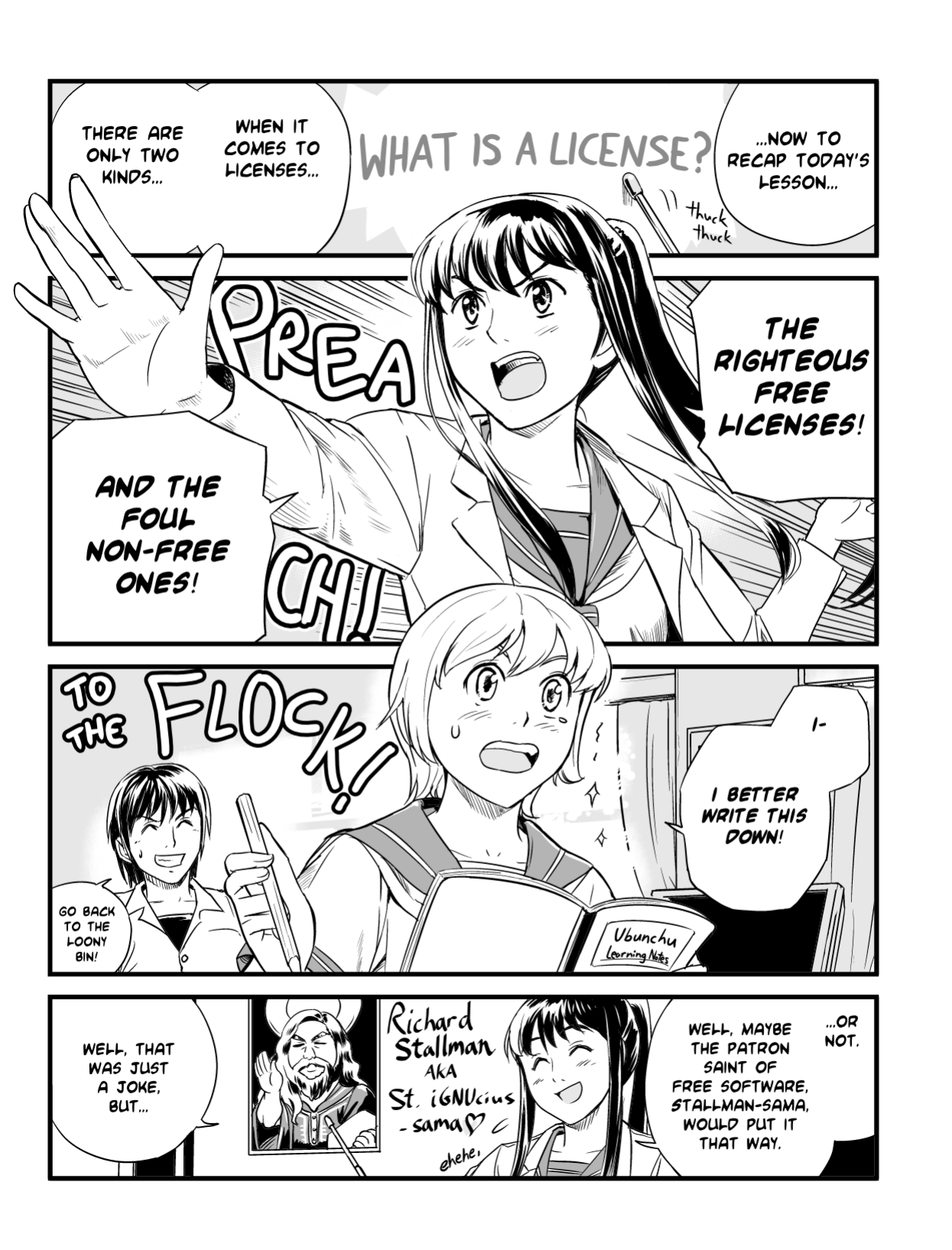Ubunchu! chapter 4, page 3. Hiroshi Seo (Seotch), published by ASCII Media Works in Ubuntu Magazine Japan. License — original CC BY-NC 3.0 (https://creativecommons.org/licenses/by-nc/3.0/); English translation by the Ubunchu translators group (https://gitlab.com/ubunchu-translators/ubunchu), CC BY-NC 3.0.