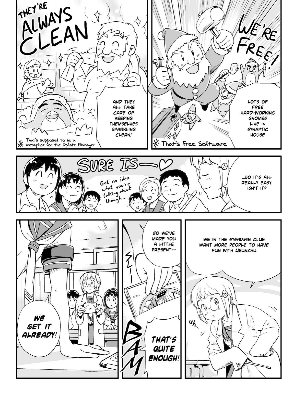 Ubunchu! chapter 5, page 7. Hiroshi Seo (Seotch), published by ASCII Media Works in Ubuntu Magazine Japan. License — original CC BY-NC 3.0 (https://creativecommons.org/licenses/by-nc/3.0/); English translation by the Ubunchu translators group (https://gitlab.com/ubunchu-translators/ubunchu), CC BY-NC 3.0.