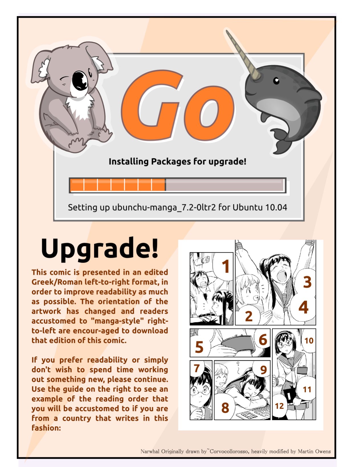Ubunchu! chapter 6, page 2. Hiroshi Seo (Seotch), published by ASCII Media Works in Ubuntu Magazine Japan. License — original CC BY-NC 3.0 (https://creativecommons.org/licenses/by-nc/3.0/); English translation by the Ubunchu translators group (https://gitlab.com/ubunchu-translators/ubunchu), CC BY-NC 3.0; left-to-right edited edition (panels re-arranged by the translators).