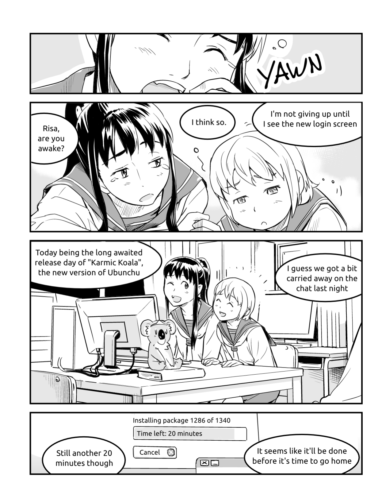 Ubunchu! chapter 6, page 3. Hiroshi Seo (Seotch), published by ASCII Media Works in Ubuntu Magazine Japan. License — original CC BY-NC 3.0 (https://creativecommons.org/licenses/by-nc/3.0/); English translation by the Ubunchu translators group (https://gitlab.com/ubunchu-translators/ubunchu), CC BY-NC 3.0; left-to-right edited edition (panels re-arranged by the translators).