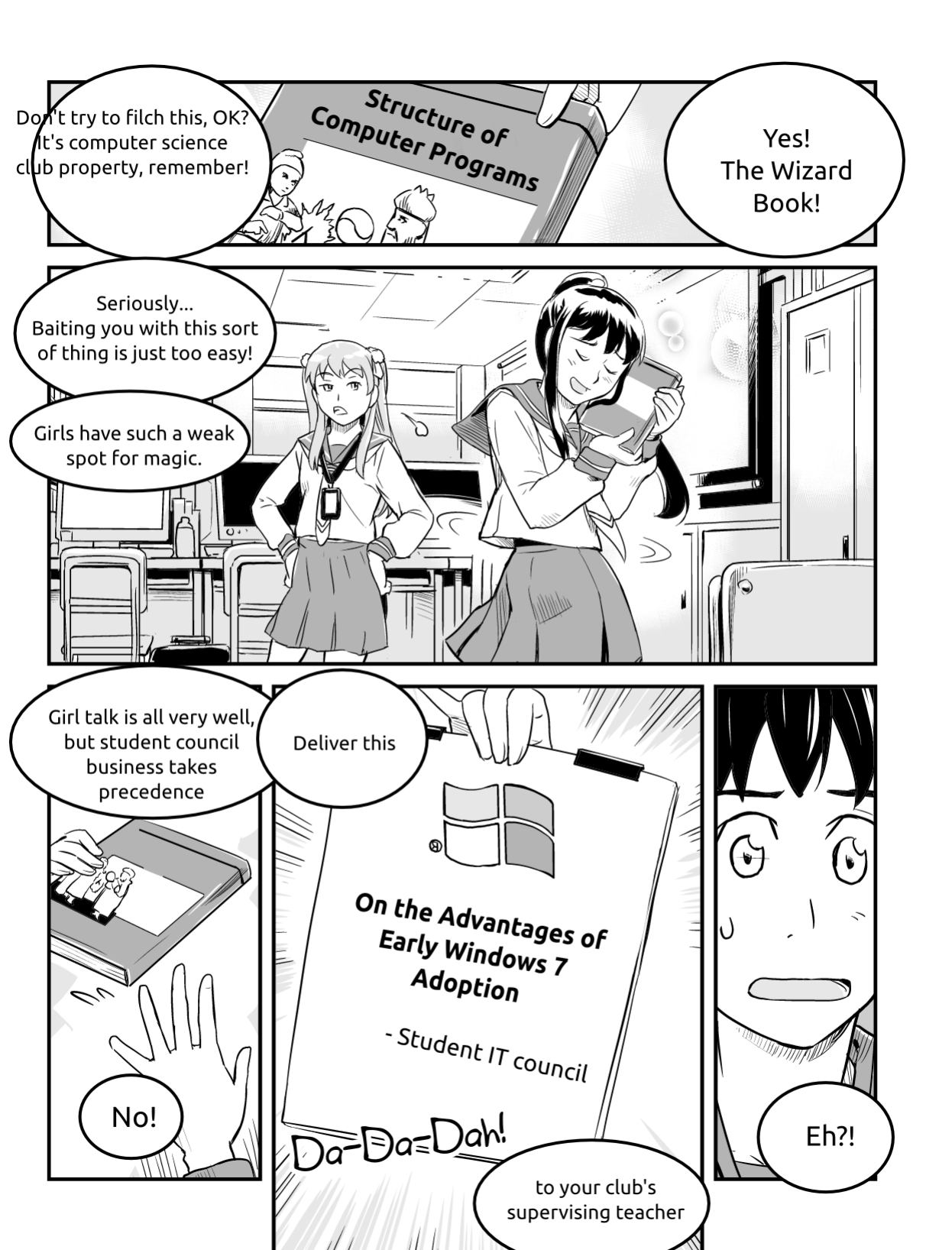 Ubunchu! chapter 6, page 6. Hiroshi Seo (Seotch), published by ASCII Media Works in Ubuntu Magazine Japan. License — original CC BY-NC 3.0 (https://creativecommons.org/licenses/by-nc/3.0/); English translation by the Ubunchu translators group (https://gitlab.com/ubunchu-translators/ubunchu), CC BY-NC 3.0; left-to-right edited edition (panels re-arranged by the translators).