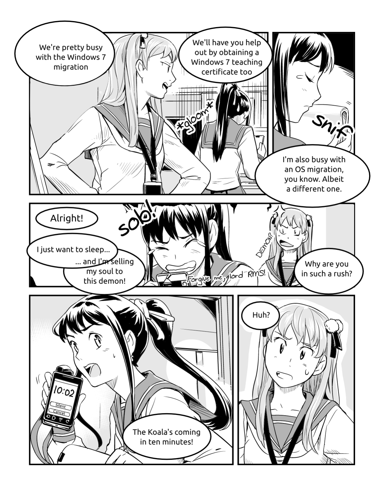 Ubunchu! chapter 6, page 7. Hiroshi Seo (Seotch), published by ASCII Media Works in Ubuntu Magazine Japan. License — original CC BY-NC 3.0 (https://creativecommons.org/licenses/by-nc/3.0/); English translation by the Ubunchu translators group (https://gitlab.com/ubunchu-translators/ubunchu), CC BY-NC 3.0; left-to-right edited edition (panels re-arranged by the translators).