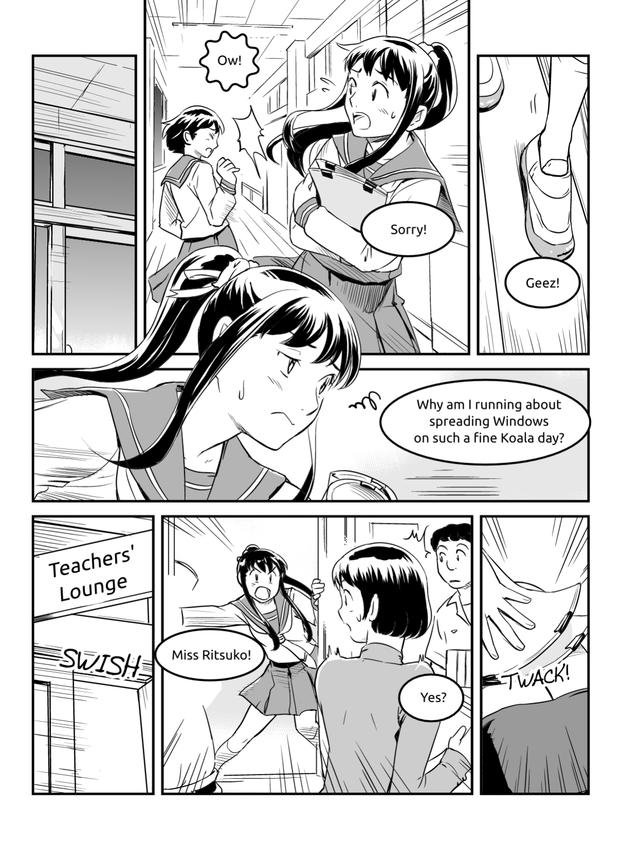 Ubunchu! chapter 6, page 8. Hiroshi Seo (Seotch), published by ASCII Media Works in Ubuntu Magazine Japan. License — original CC BY-NC 3.0 (https://creativecommons.org/licenses/by-nc/3.0/); English translation by the Ubunchu translators group (https://gitlab.com/ubunchu-translators/ubunchu), CC BY-NC 3.0; left-to-right edited edition (panels re-arranged by the translators).