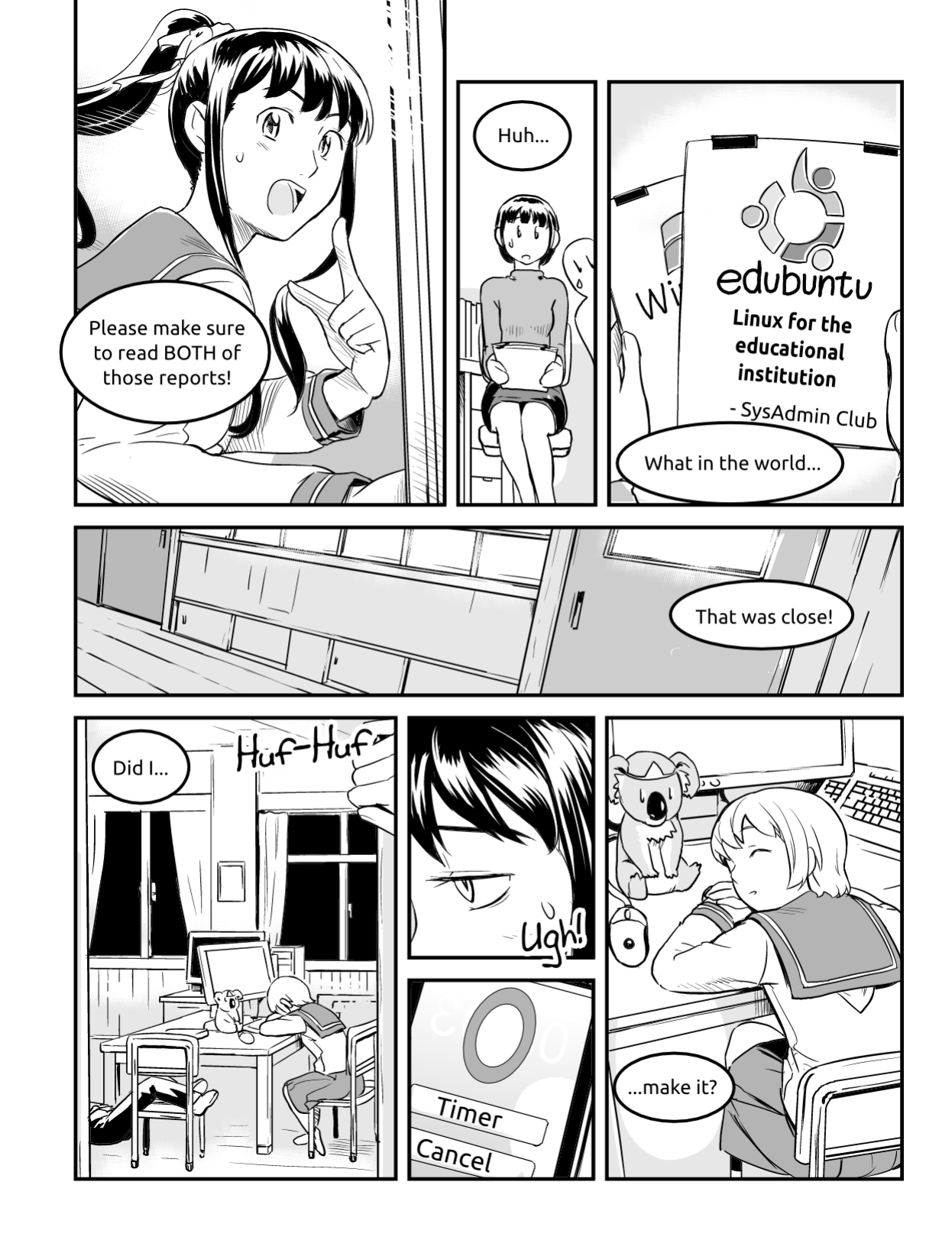 Ubunchu! chapter 6, page 9. Hiroshi Seo (Seotch), published by ASCII Media Works in Ubuntu Magazine Japan. License — original CC BY-NC 3.0 (https://creativecommons.org/licenses/by-nc/3.0/); English translation by the Ubunchu translators group (https://gitlab.com/ubunchu-translators/ubunchu), CC BY-NC 3.0; left-to-right edited edition (panels re-arranged by the translators).