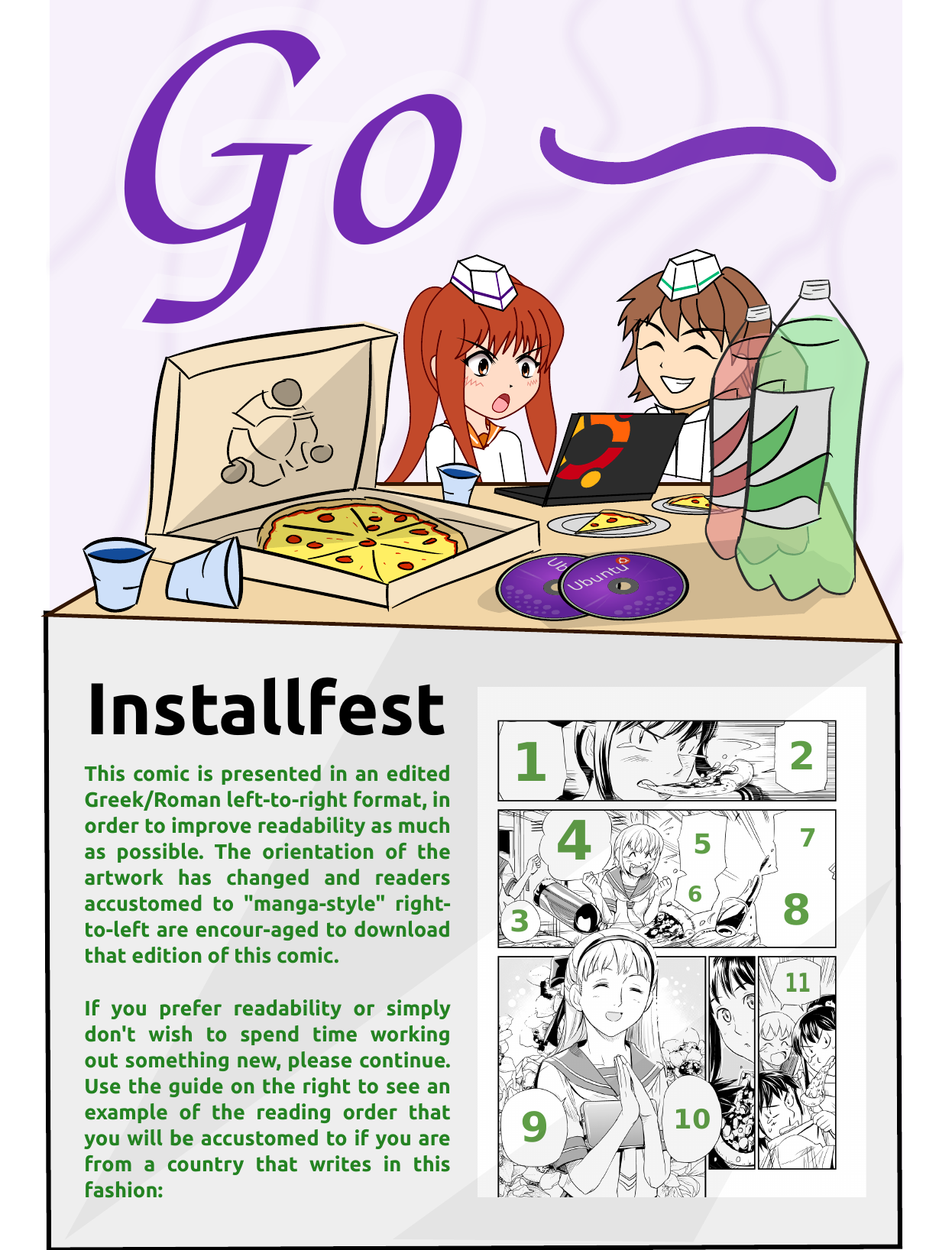 Ubunchu! chapter 7, page 2. Hiroshi Seo (Seotch), published by ASCII Media Works in Ubuntu Magazine Japan. License — original CC BY-NC 3.0 (https://creativecommons.org/licenses/by-nc/3.0/); English translation by the Ubunchu translators group (https://gitlab.com/ubunchu-translators/ubunchu), CC BY-NC 3.0; left-to-right edited edition (panels re-arranged by the translators).