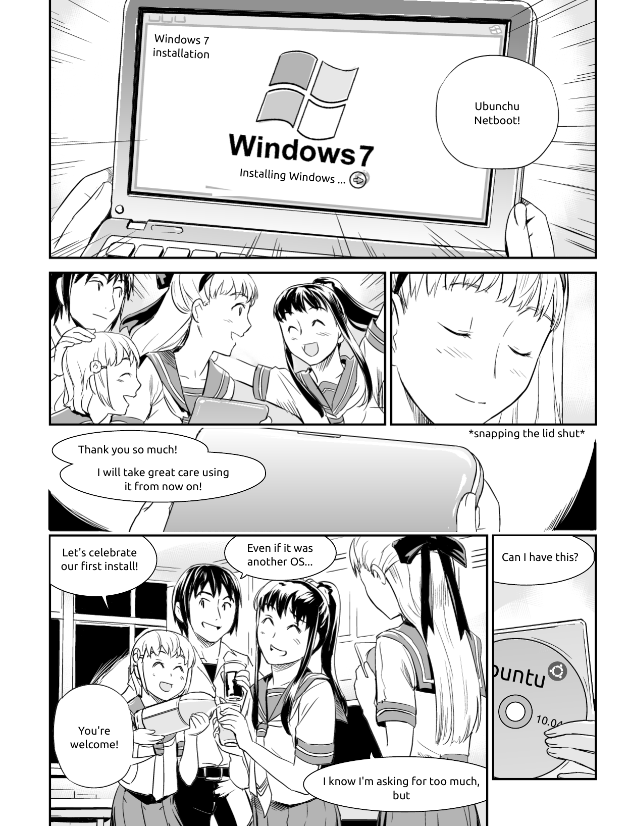 Ubunchu! chapter 7, page 11. Hiroshi Seo (Seotch), published by ASCII Media Works in Ubuntu Magazine Japan. License — original CC BY-NC 3.0 (https://creativecommons.org/licenses/by-nc/3.0/); English translation by the Ubunchu translators group (https://gitlab.com/ubunchu-translators/ubunchu), CC BY-NC 3.0; left-to-right edited edition (panels re-arranged by the translators).