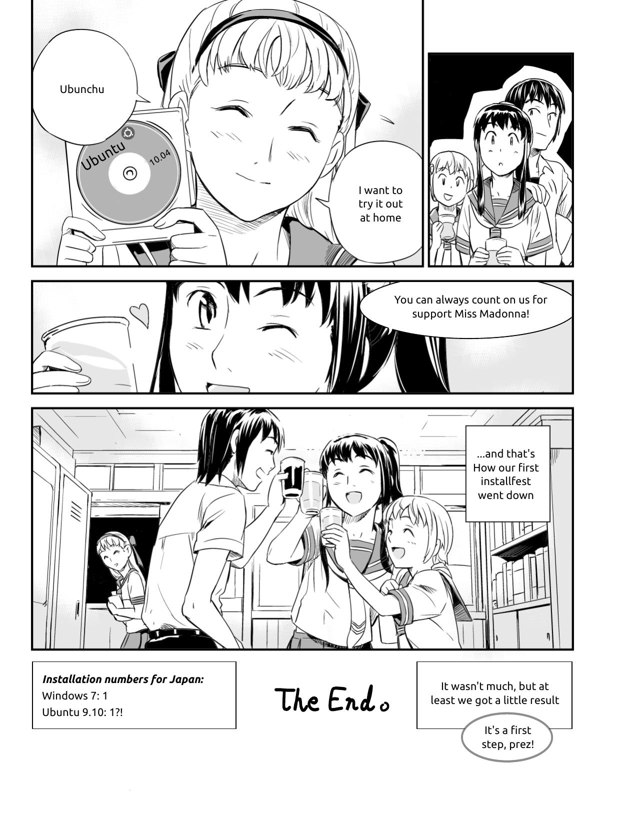 Ubunchu! chapter 7, page 12. Hiroshi Seo (Seotch), published by ASCII Media Works in Ubuntu Magazine Japan. License — original CC BY-NC 3.0 (https://creativecommons.org/licenses/by-nc/3.0/); English translation by the Ubunchu translators group (https://gitlab.com/ubunchu-translators/ubunchu), CC BY-NC 3.0; left-to-right edited edition (panels re-arranged by the translators).