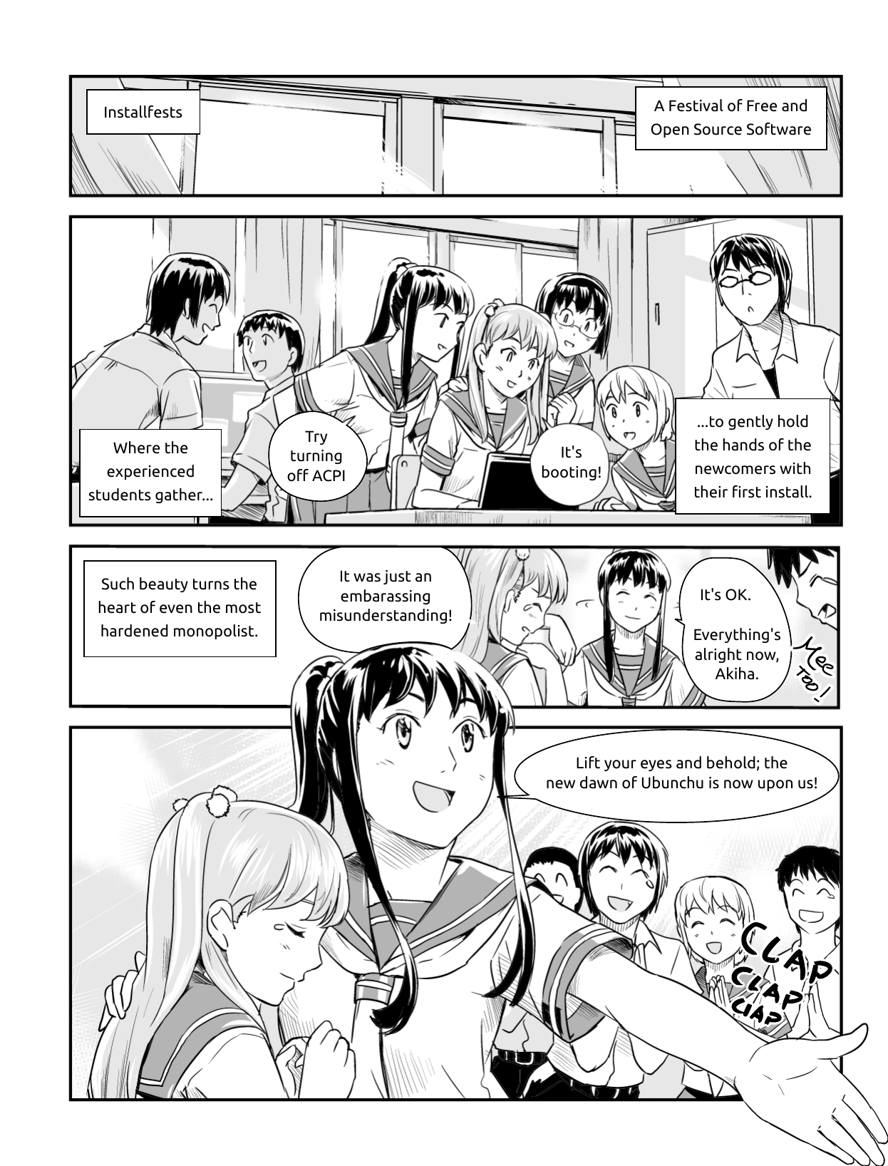 Ubunchu! chapter 7, page 3. Hiroshi Seo (Seotch), published by ASCII Media Works in Ubuntu Magazine Japan. License — original CC BY-NC 3.0 (https://creativecommons.org/licenses/by-nc/3.0/); English translation by the Ubunchu translators group (https://gitlab.com/ubunchu-translators/ubunchu), CC BY-NC 3.0; left-to-right edited edition (panels re-arranged by the translators).