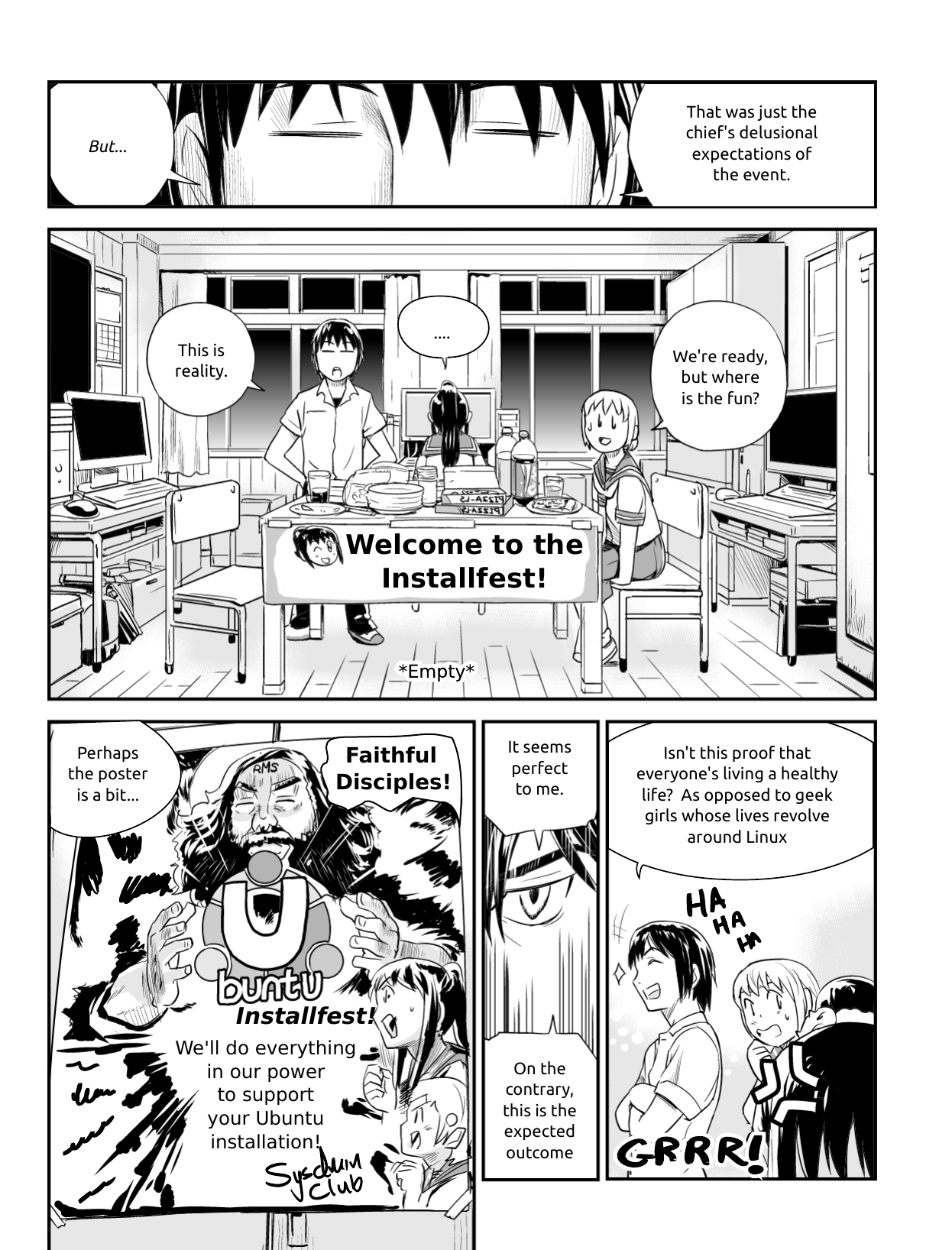 Ubunchu! chapter 7, page 4. Hiroshi Seo (Seotch), published by ASCII Media Works in Ubuntu Magazine Japan. License — original CC BY-NC 3.0 (https://creativecommons.org/licenses/by-nc/3.0/); English translation by the Ubunchu translators group (https://gitlab.com/ubunchu-translators/ubunchu), CC BY-NC 3.0; left-to-right edited edition (panels re-arranged by the translators).