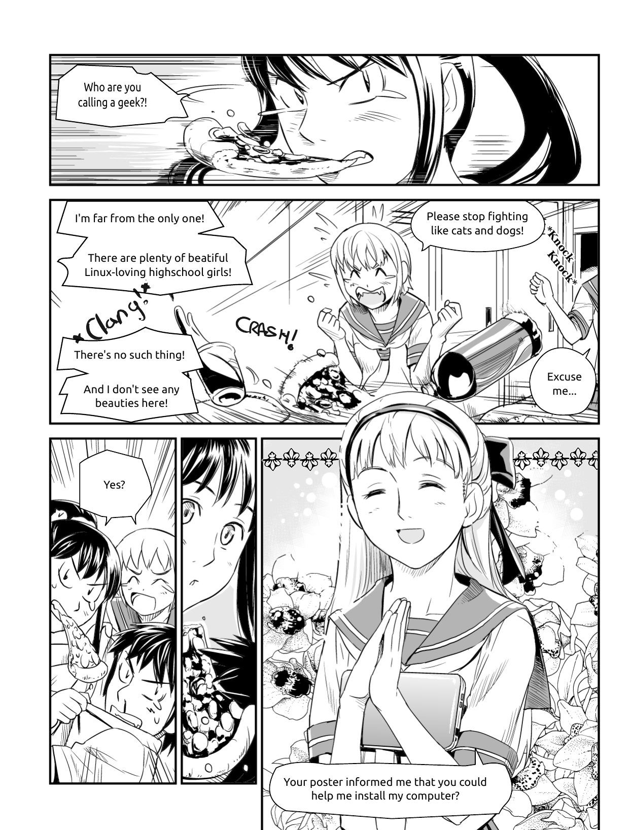 Ubunchu! chapter 7, page 5. Hiroshi Seo (Seotch), published by ASCII Media Works in Ubuntu Magazine Japan. License — original CC BY-NC 3.0 (https://creativecommons.org/licenses/by-nc/3.0/); English translation by the Ubunchu translators group (https://gitlab.com/ubunchu-translators/ubunchu), CC BY-NC 3.0; left-to-right edited edition (panels re-arranged by the translators).