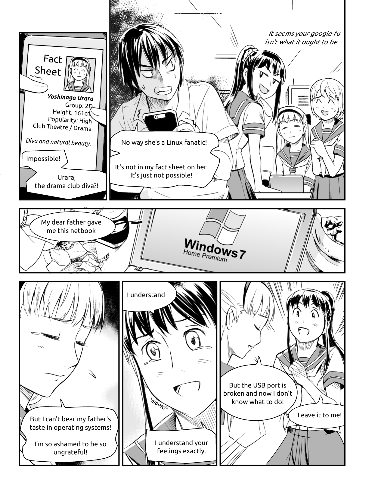 Ubunchu! chapter 7, page 6. Hiroshi Seo (Seotch), published by ASCII Media Works in Ubuntu Magazine Japan. License — original CC BY-NC 3.0 (https://creativecommons.org/licenses/by-nc/3.0/); English translation by the Ubunchu translators group (https://gitlab.com/ubunchu-translators/ubunchu), CC BY-NC 3.0; left-to-right edited edition (panels re-arranged by the translators).