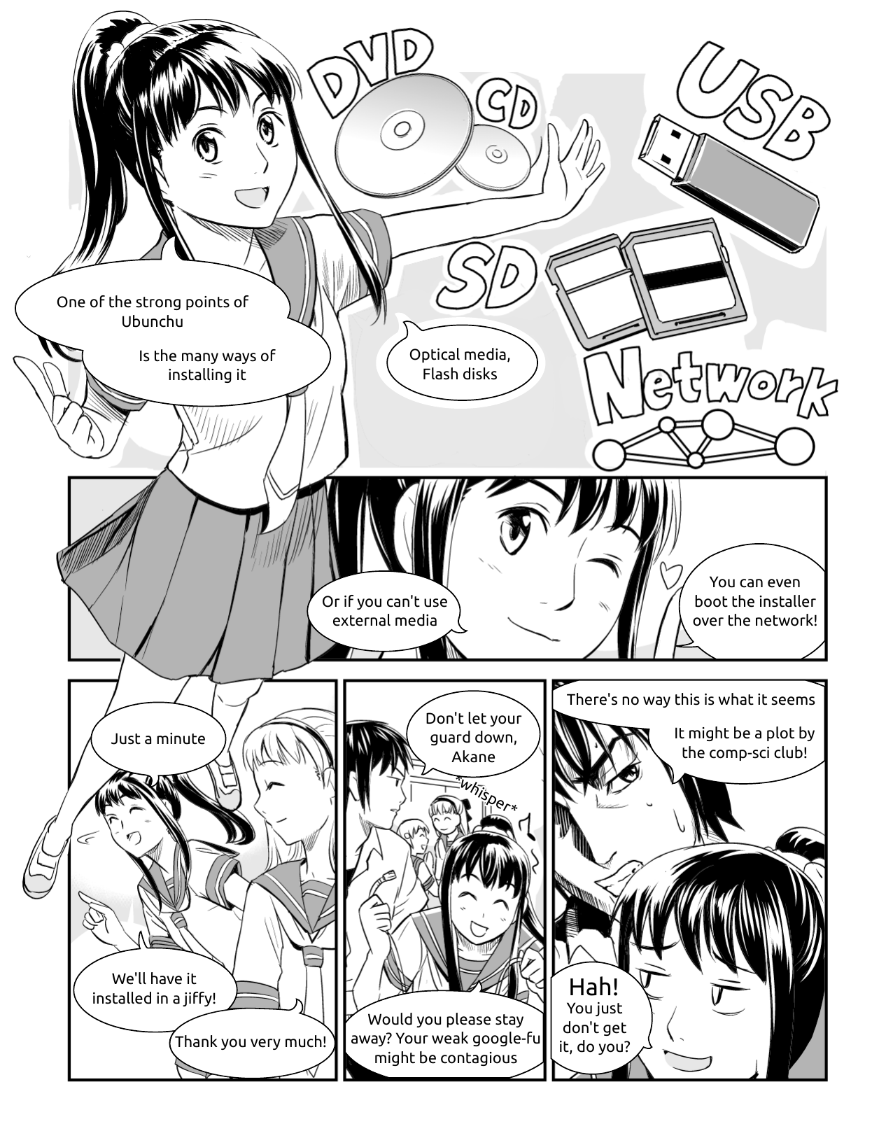 Ubunchu! chapter 7, page 7. Hiroshi Seo (Seotch), published by ASCII Media Works in Ubuntu Magazine Japan. License — original CC BY-NC 3.0 (https://creativecommons.org/licenses/by-nc/3.0/); English translation by the Ubunchu translators group (https://gitlab.com/ubunchu-translators/ubunchu), CC BY-NC 3.0; left-to-right edited edition (panels re-arranged by the translators).