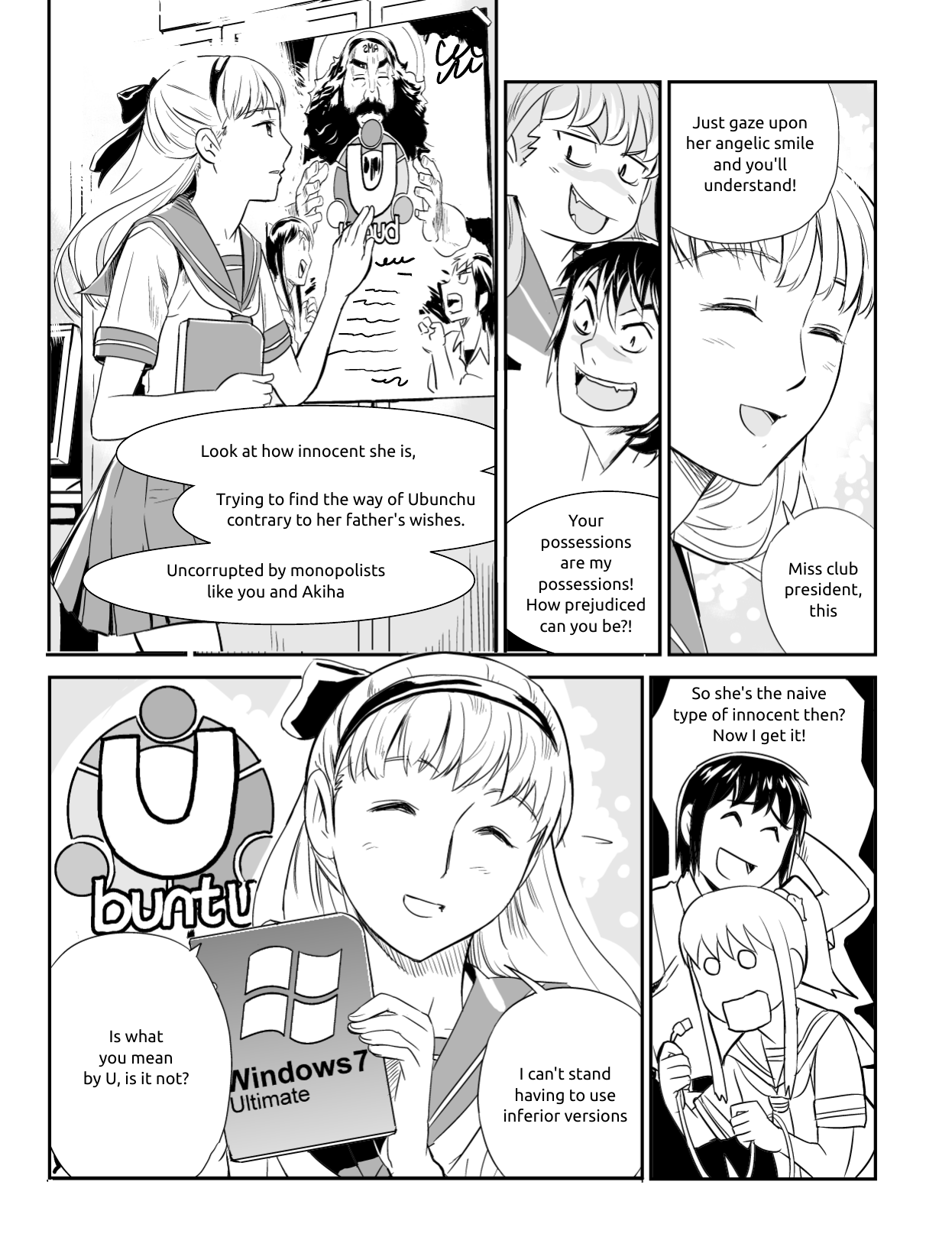 Ubunchu! chapter 7, page 8. Hiroshi Seo (Seotch), published by ASCII Media Works in Ubuntu Magazine Japan. License — original CC BY-NC 3.0 (https://creativecommons.org/licenses/by-nc/3.0/); English translation by the Ubunchu translators group (https://gitlab.com/ubunchu-translators/ubunchu), CC BY-NC 3.0; left-to-right edited edition (panels re-arranged by the translators).