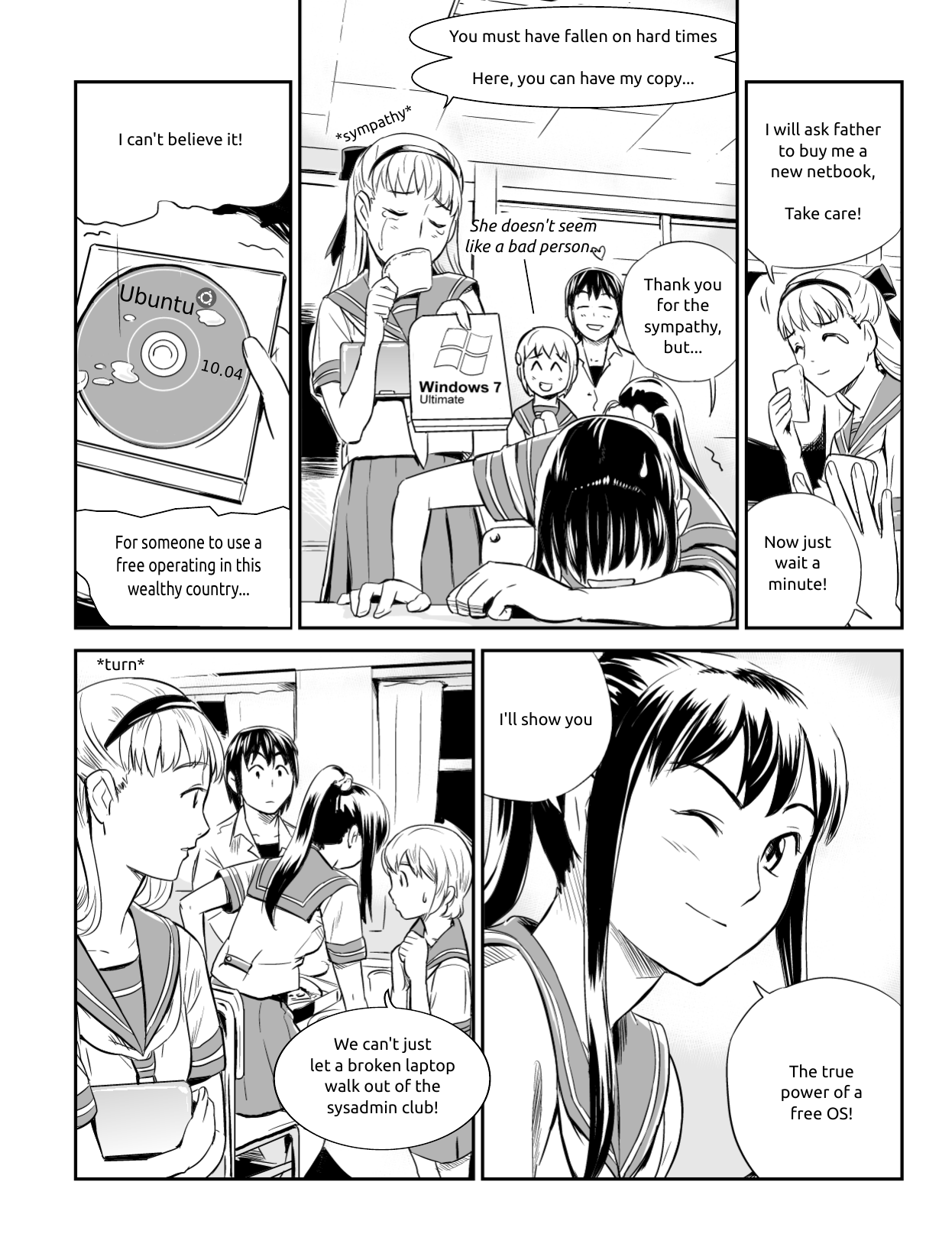 Ubunchu! chapter 7, page 9. Hiroshi Seo (Seotch), published by ASCII Media Works in Ubuntu Magazine Japan. License — original CC BY-NC 3.0 (https://creativecommons.org/licenses/by-nc/3.0/); English translation by the Ubunchu translators group (https://gitlab.com/ubunchu-translators/ubunchu), CC BY-NC 3.0; left-to-right edited edition (panels re-arranged by the translators).