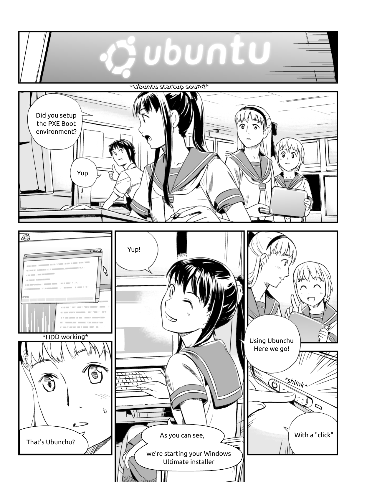 Ubunchu! chapter 7, page 10. Hiroshi Seo (Seotch), published by ASCII Media Works in Ubuntu Magazine Japan. License — original CC BY-NC 3.0 (https://creativecommons.org/licenses/by-nc/3.0/); English translation by the Ubunchu translators group (https://gitlab.com/ubunchu-translators/ubunchu), CC BY-NC 3.0; left-to-right edited edition (panels re-arranged by the translators).