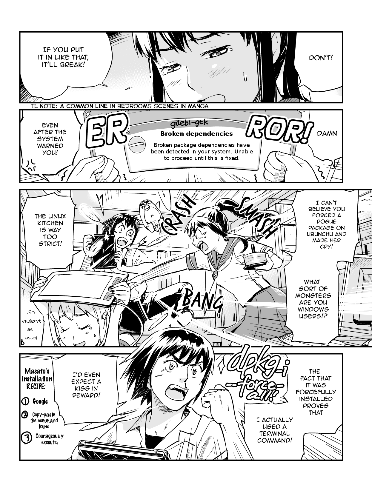 Ubunchu! chapter 8, page 2. Hiroshi Seo (Seotch), published by ASCII Media Works in Ubuntu Magazine Japan. License — original CC BY-NC 3.0 (https://creativecommons.org/licenses/by-nc/3.0/); English translation by the Ubunchu translators group (https://gitlab.com/ubunchu-translators/ubunchu), CC BY-NC 3.0.