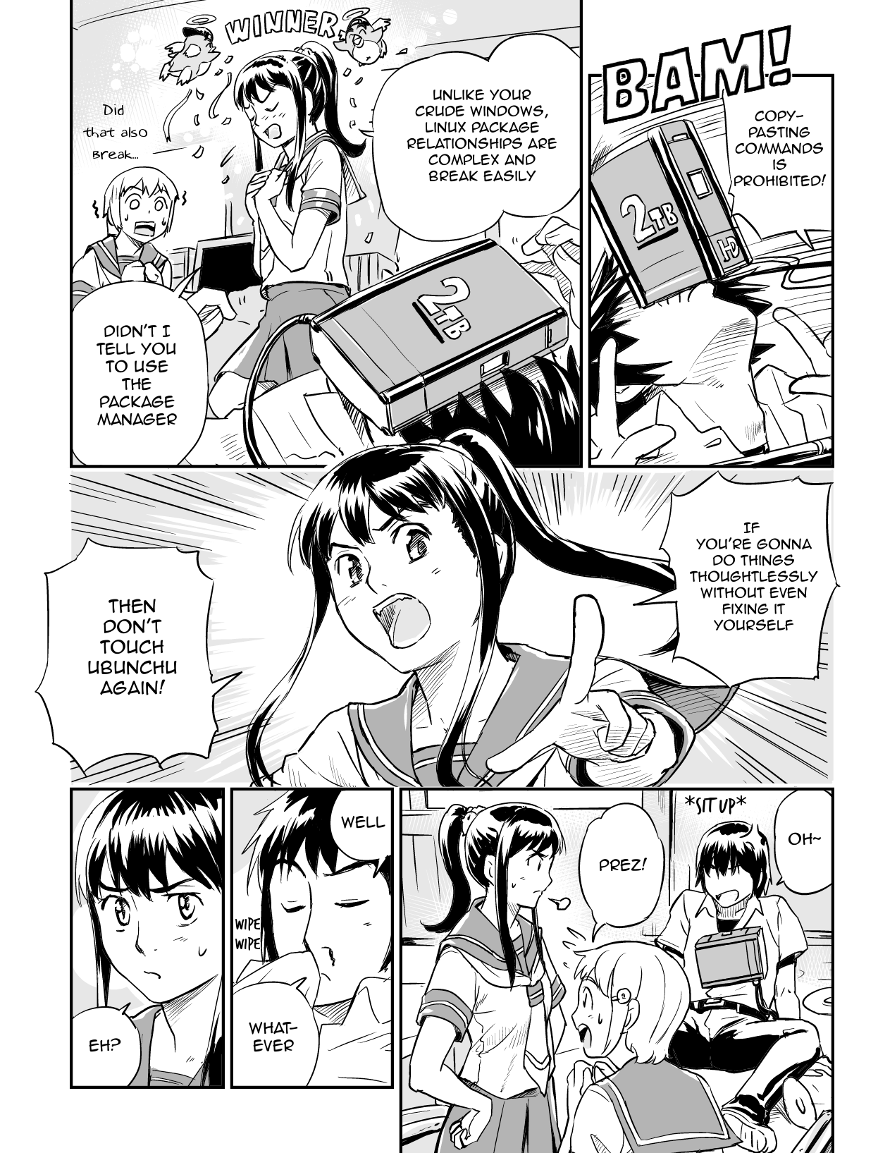 Ubunchu! chapter 8, page 3. Hiroshi Seo (Seotch), published by ASCII Media Works in Ubuntu Magazine Japan. License — original CC BY-NC 3.0 (https://creativecommons.org/licenses/by-nc/3.0/); English translation by the Ubunchu translators group (https://gitlab.com/ubunchu-translators/ubunchu), CC BY-NC 3.0.