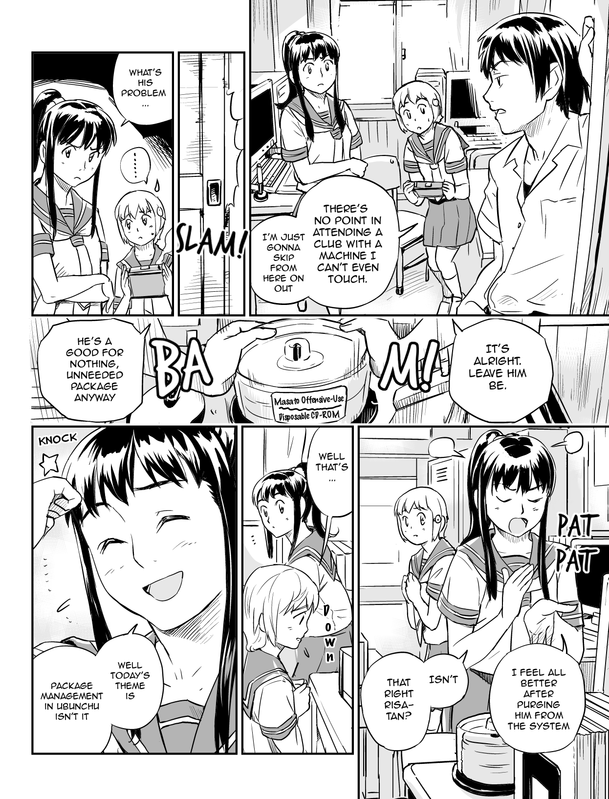 Ubunchu! chapter 8, page 4. Hiroshi Seo (Seotch), published by ASCII Media Works in Ubuntu Magazine Japan. License — original CC BY-NC 3.0 (https://creativecommons.org/licenses/by-nc/3.0/); English translation by the Ubunchu translators group (https://gitlab.com/ubunchu-translators/ubunchu), CC BY-NC 3.0.