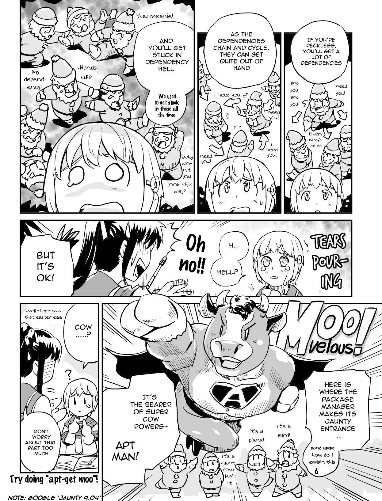 Ubunchu! chapter 8, page 6. Hiroshi Seo (Seotch), published by ASCII Media Works in Ubuntu Magazine Japan. License — original CC BY-NC 3.0 (https://creativecommons.org/licenses/by-nc/3.0/); English translation by the Ubunchu translators group (https://gitlab.com/ubunchu-translators/ubunchu), CC BY-NC 3.0.
