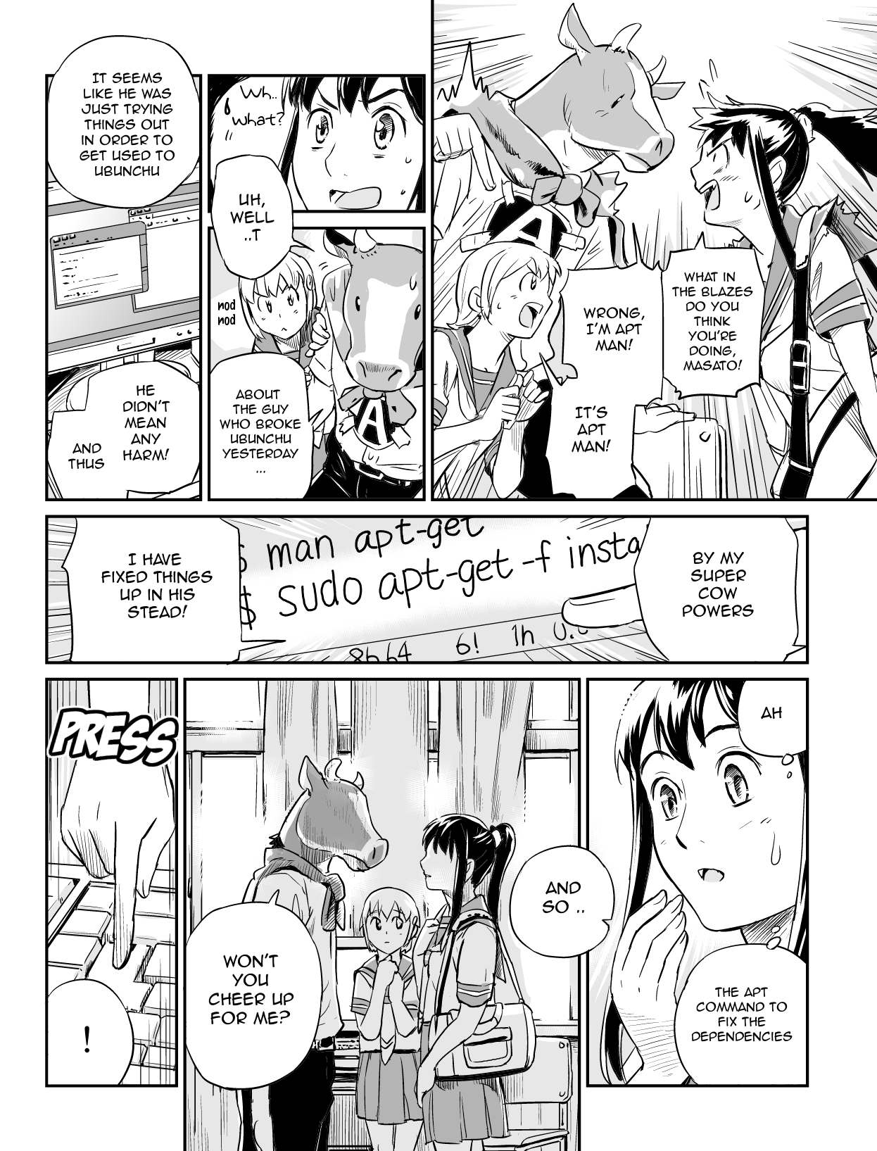 Ubunchu! chapter 8, page 10. Hiroshi Seo (Seotch), published by ASCII Media Works in Ubuntu Magazine Japan. License — original CC BY-NC 3.0 (https://creativecommons.org/licenses/by-nc/3.0/); English translation by the Ubunchu translators group (https://gitlab.com/ubunchu-translators/ubunchu), CC BY-NC 3.0.