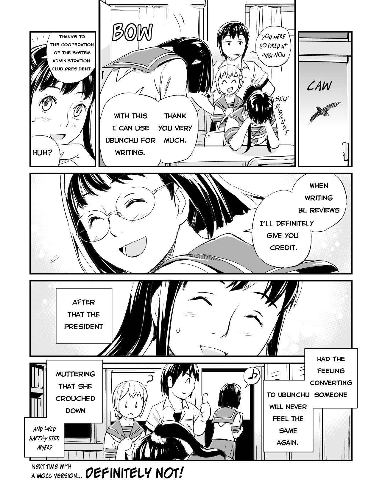 Ubunchu! chapter 9, page 11. Hiroshi Seo (Seotch), published by ASCII Media Works in Ubuntu Magazine Japan. License — original CC BY-NC 3.0 (https://creativecommons.org/licenses/by-nc/3.0/); English translation by Tarek Saier (https://sirtetris.gitlab.io/ubunchu-translation/), CC BY-NC 4.0.