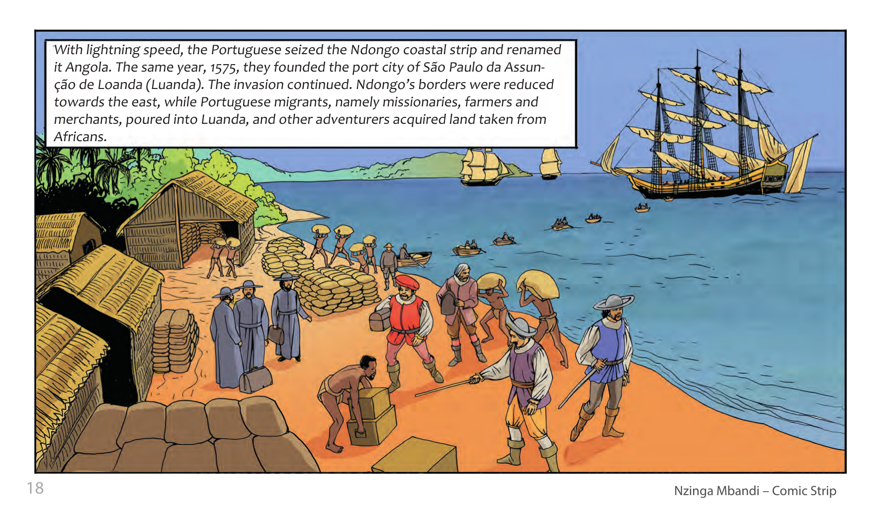 Nzinga Mbandi, Queen of Ndongo and Matamba (UNESCO Series on Women in African History, 2014), comic strip page 10. Pat Masioni (illustrations); Sylvia Serbin, Edouard Joubeaud (script). © UNESCO 2014, CC BY-SA 3.0 IGO.