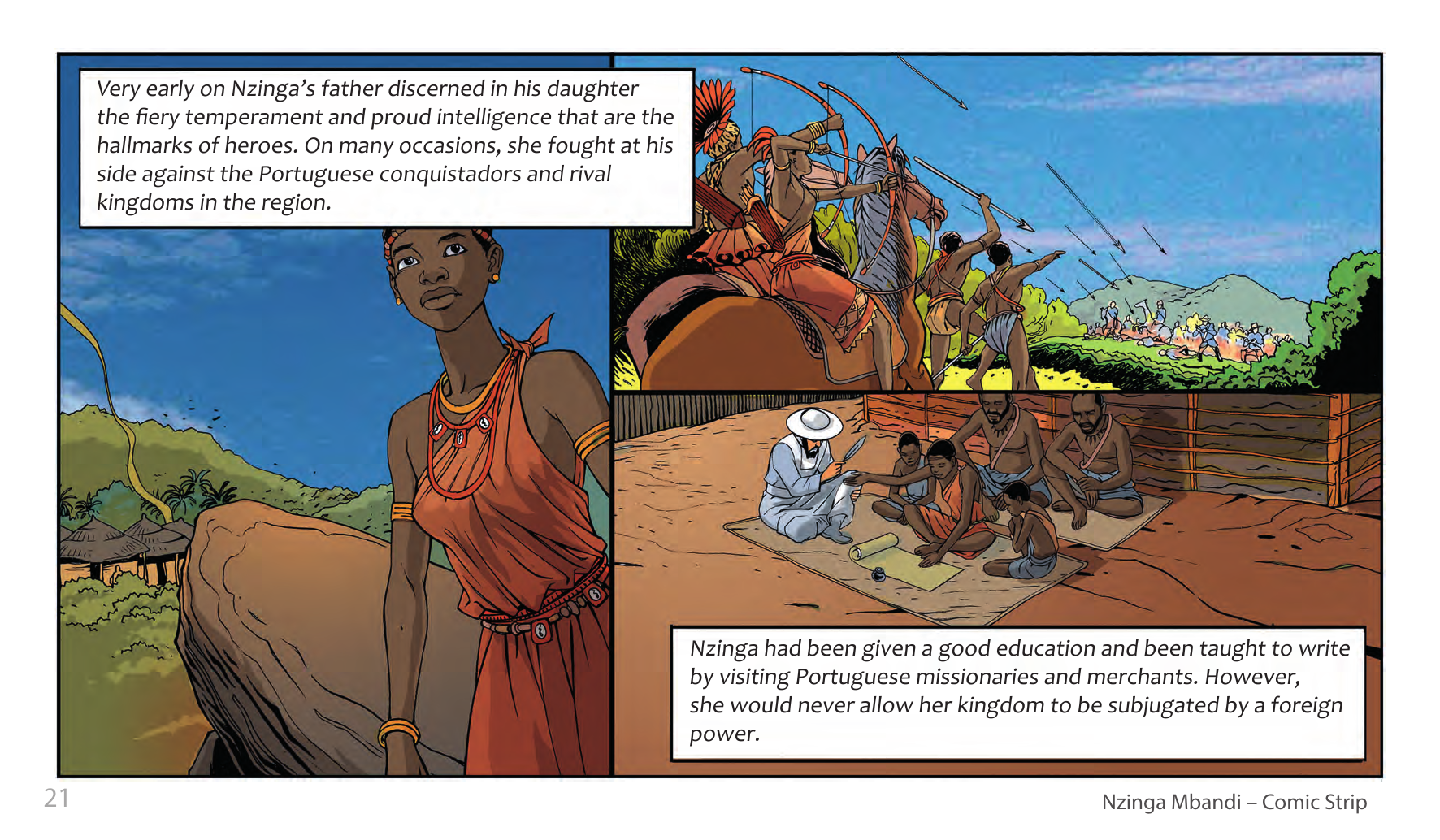 Nzinga Mbandi, Queen of Ndongo and Matamba (UNESCO Series on Women in African History, 2014), comic strip page 13. Pat Masioni (illustrations); Sylvia Serbin, Edouard Joubeaud (script). © UNESCO 2014, CC BY-SA 3.0 IGO.