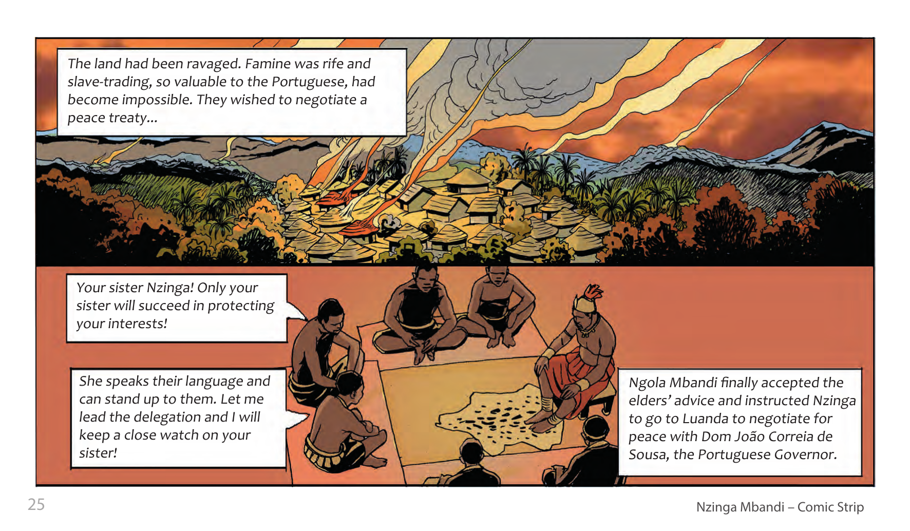 Nzinga Mbandi, Queen of Ndongo and Matamba (UNESCO Series on Women in African History, 2014), comic strip page 17. Pat Masioni (illustrations); Sylvia Serbin, Edouard Joubeaud (script). © UNESCO 2014, CC BY-SA 3.0 IGO.