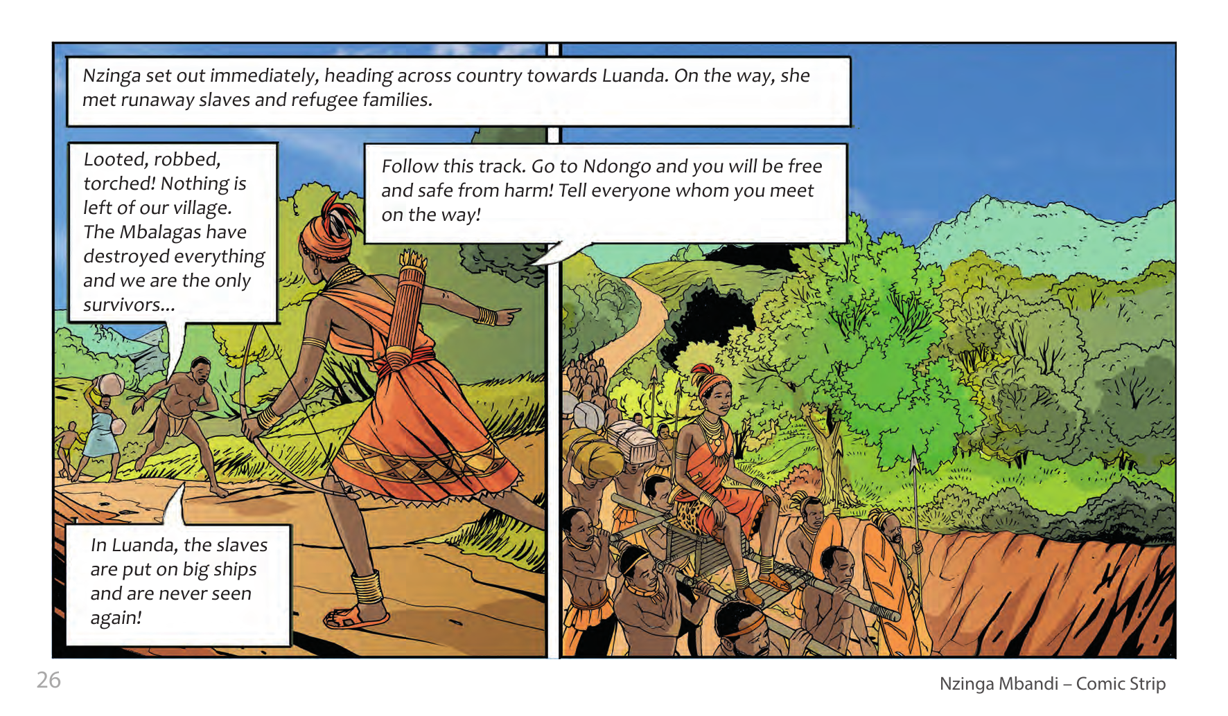 Nzinga Mbandi, Queen of Ndongo and Matamba (UNESCO Series on Women in African History, 2014), comic strip page 18. Pat Masioni (illustrations); Sylvia Serbin, Edouard Joubeaud (script). © UNESCO 2014, CC BY-SA 3.0 IGO.