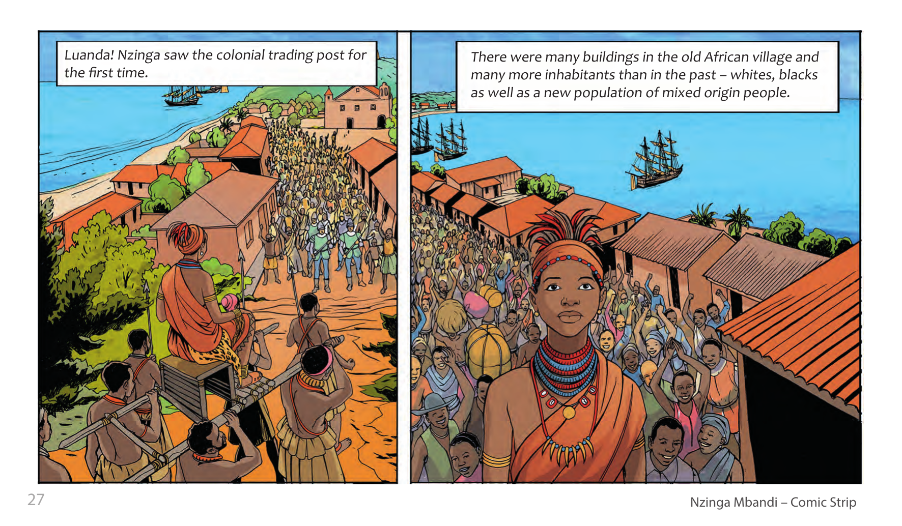 Nzinga Mbandi, Queen of Ndongo and Matamba (UNESCO Series on Women in African History, 2014), comic strip page 19. Pat Masioni (illustrations); Sylvia Serbin, Edouard Joubeaud (script). © UNESCO 2014, CC BY-SA 3.0 IGO.