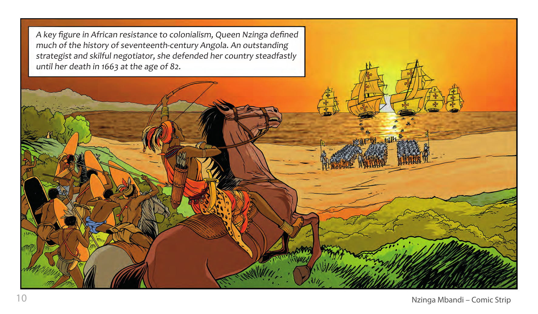 Nzinga Mbandi, Queen of Ndongo and Matamba (UNESCO Series on Women in African History, 2014), comic strip page 2. Pat Masioni (illustrations); Sylvia Serbin, Edouard Joubeaud (script). © UNESCO 2014, CC BY-SA 3.0 IGO.