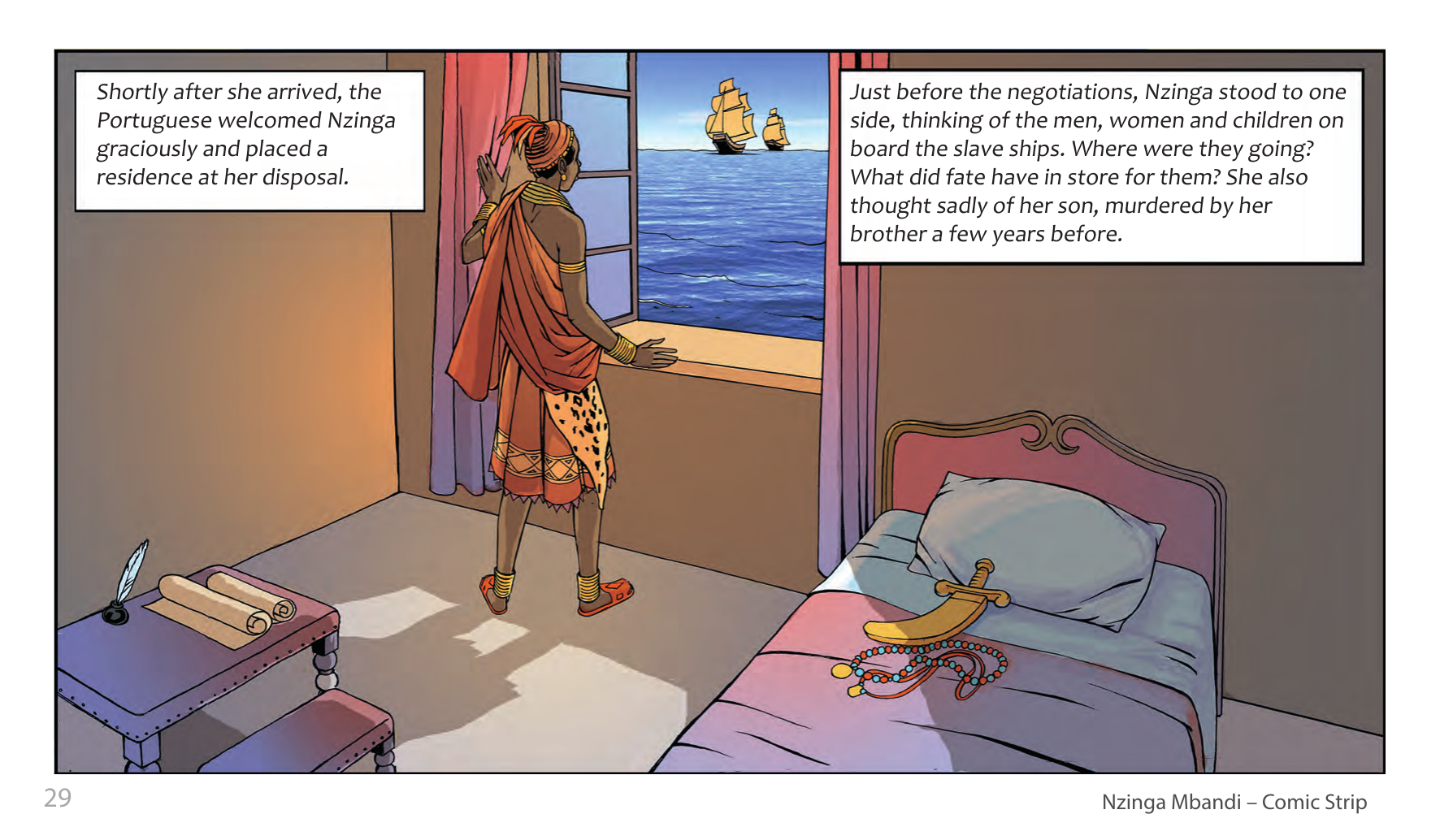 Nzinga Mbandi, Queen of Ndongo and Matamba (UNESCO Series on Women in African History, 2014), comic strip page 21. Pat Masioni (illustrations); Sylvia Serbin, Edouard Joubeaud (script). © UNESCO 2014, CC BY-SA 3.0 IGO.