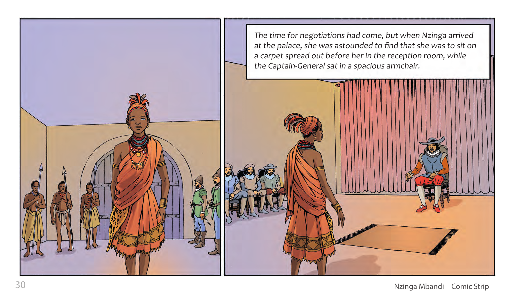 Nzinga Mbandi, Queen of Ndongo and Matamba (UNESCO Series on Women in African History, 2014), comic strip page 22. Pat Masioni (illustrations); Sylvia Serbin, Edouard Joubeaud (script). © UNESCO 2014, CC BY-SA 3.0 IGO.