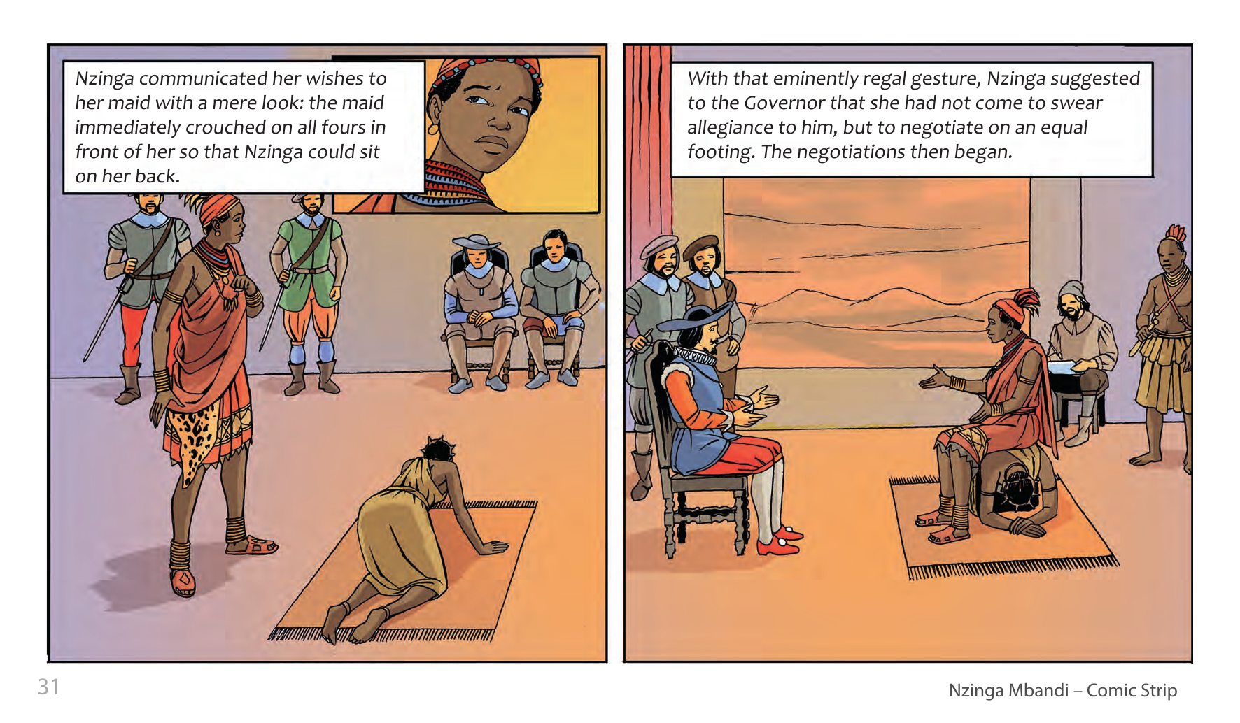 Nzinga Mbandi, Queen of Ndongo and Matamba (UNESCO Series on Women in African History, 2014), comic strip page 23. Pat Masioni (illustrations); Sylvia Serbin, Edouard Joubeaud (script). © UNESCO 2014, CC BY-SA 3.0 IGO.